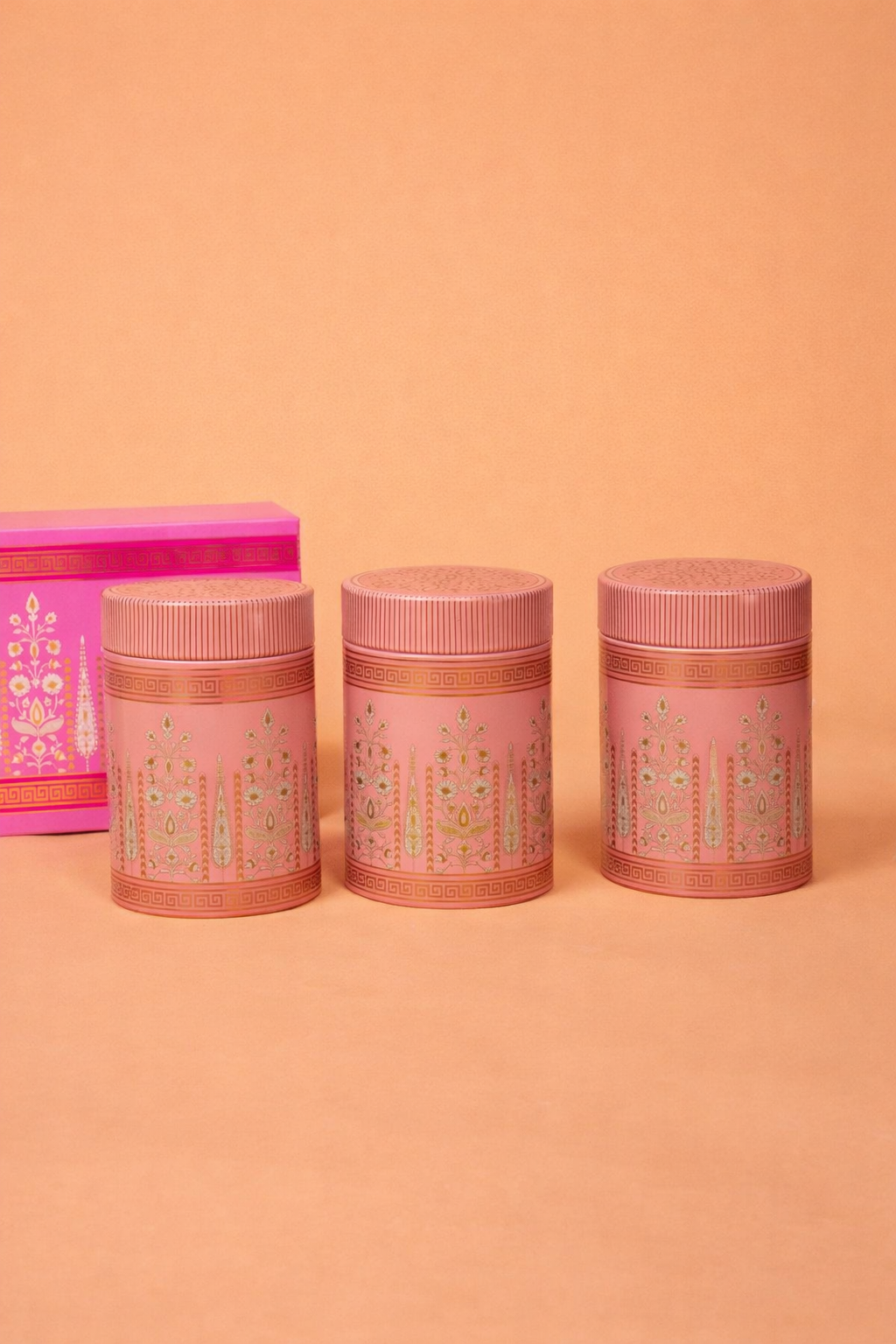 Velora Elise Pink Ornate Storage Jar Set (3 Pieces)