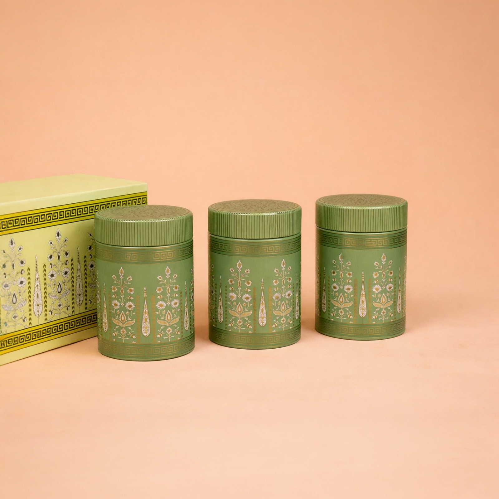 Velora Elise Green Ornate Storage Jar Set (3 Pieces)