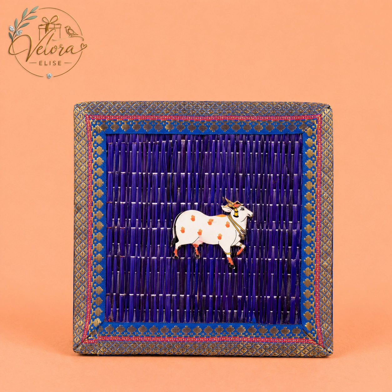 Cow Motif Korai Gift Box with Net Potli - 7 Inch