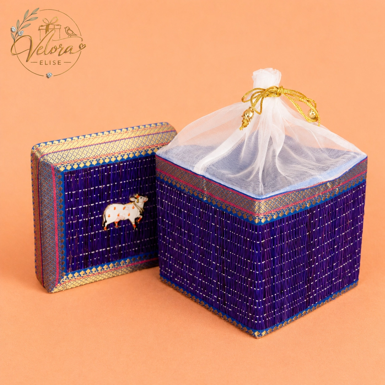 Cow Motif Korai Gift Box with Net Potli - 7 Inch