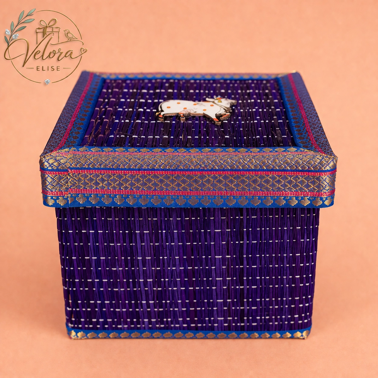 Cow Motif Korai Gift Box with Net Potli - 7 Inch