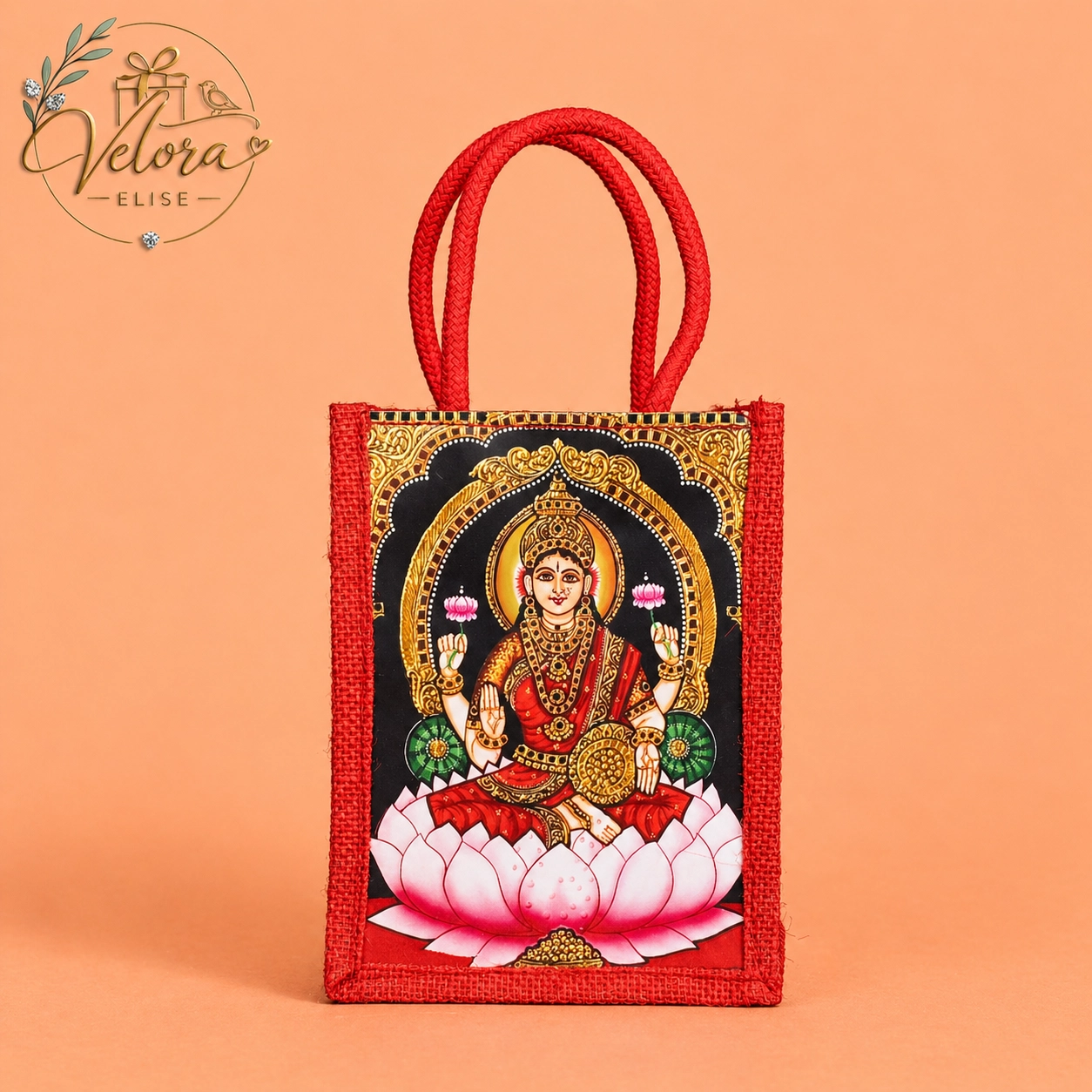 Eco-Friendly Tanjore Style Lakshmi Printed Jute Bags
