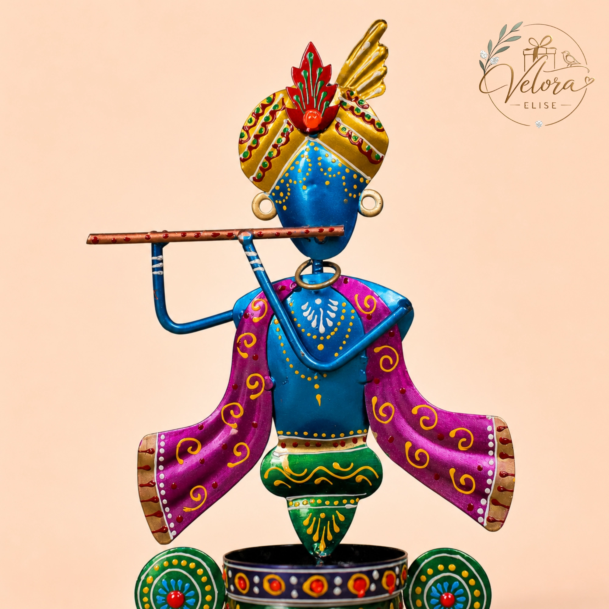 Hand-Painted Iron Krishna T-Light Holder - 10 Inches
