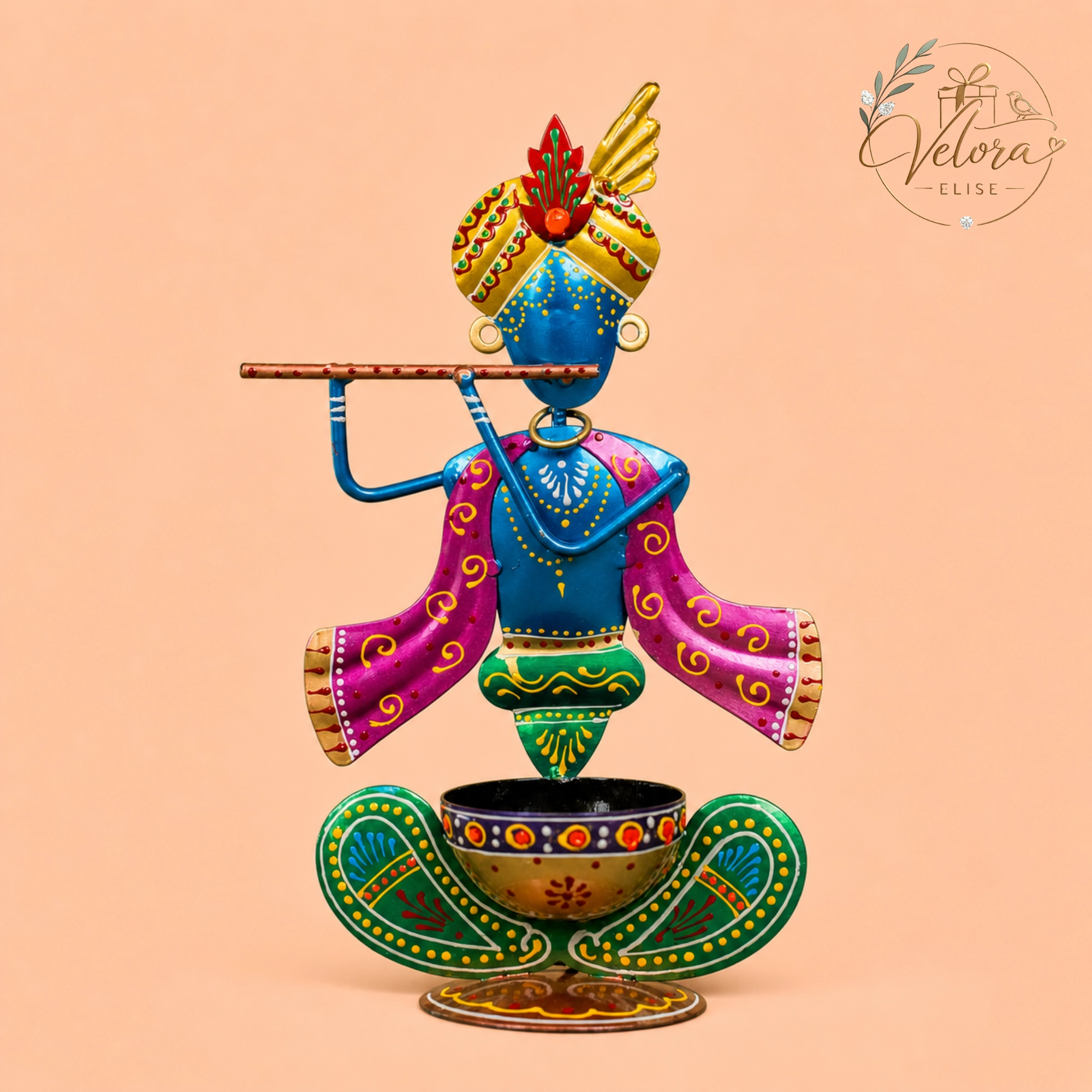 Hand-Painted Iron Krishna T-Light Holder - 10 Inches