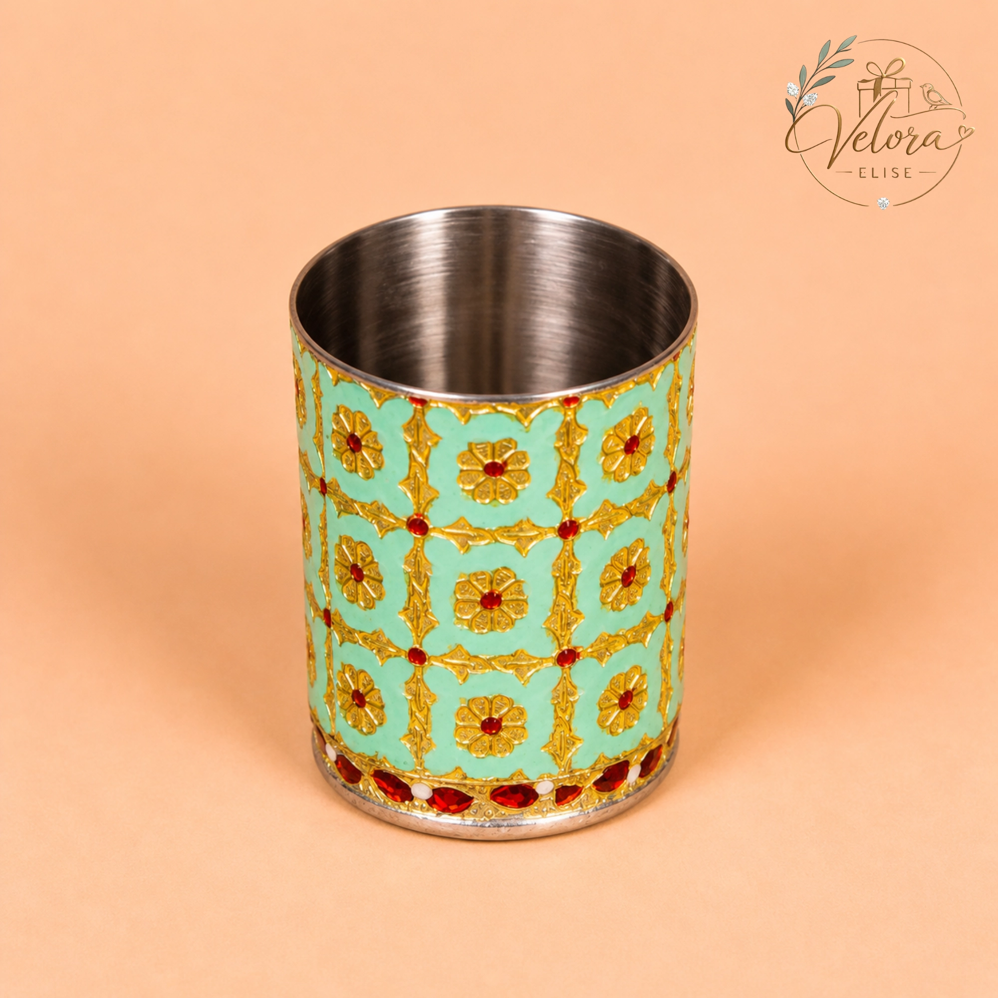 Rich Pista Green Meenakari Stainless Steel Glass