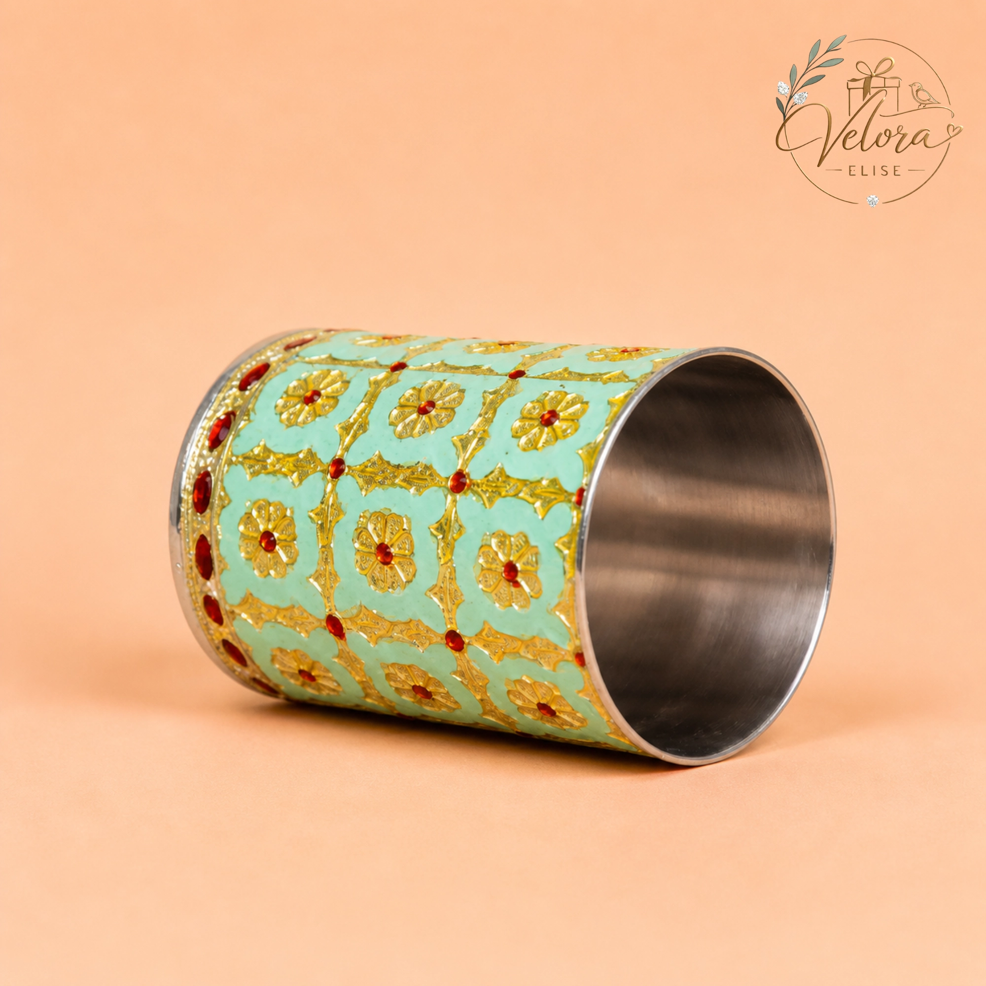 Rich Pista Green Meenakari Stainless Steel Glass