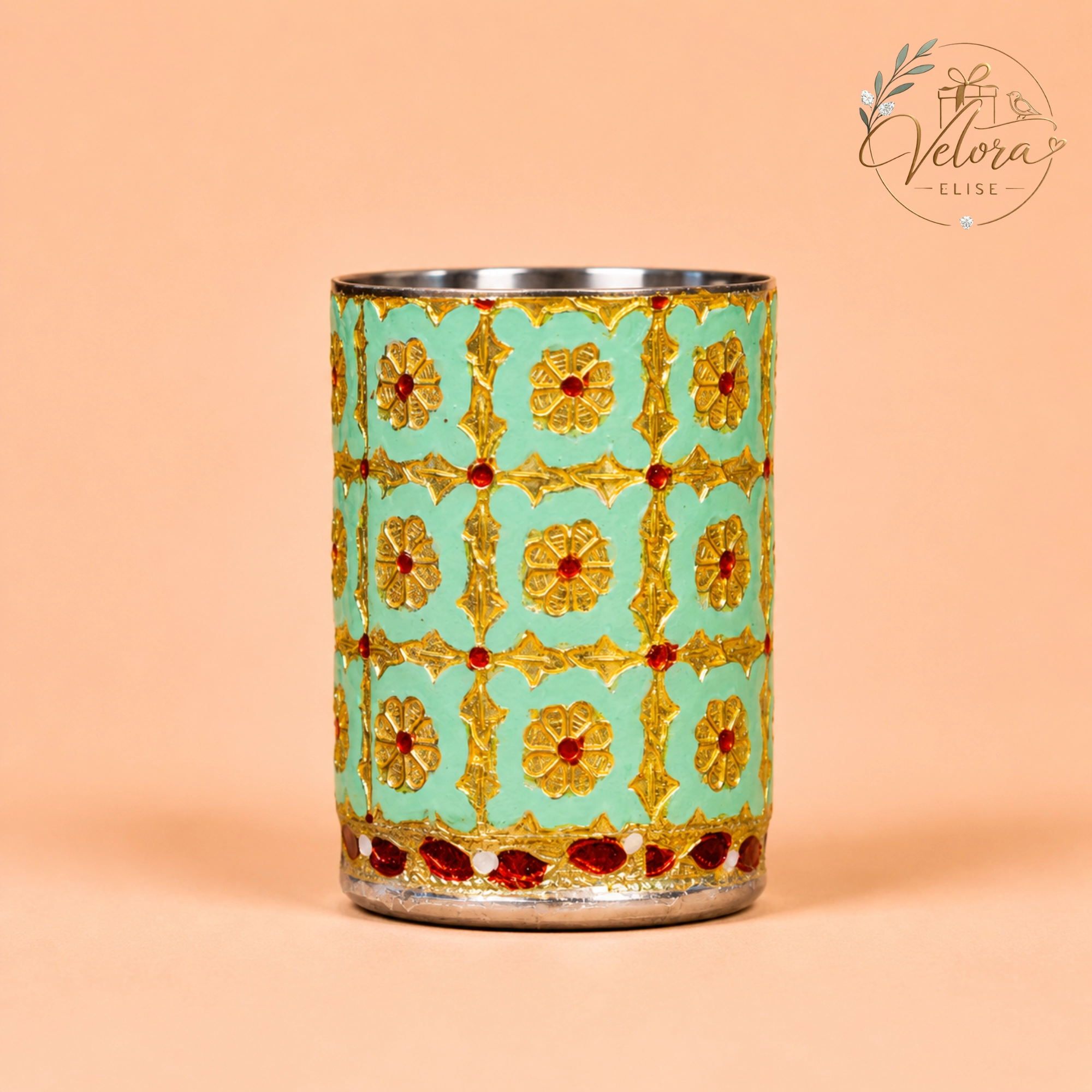 Rich Pista Green Meenakari Stainless Steel Glass