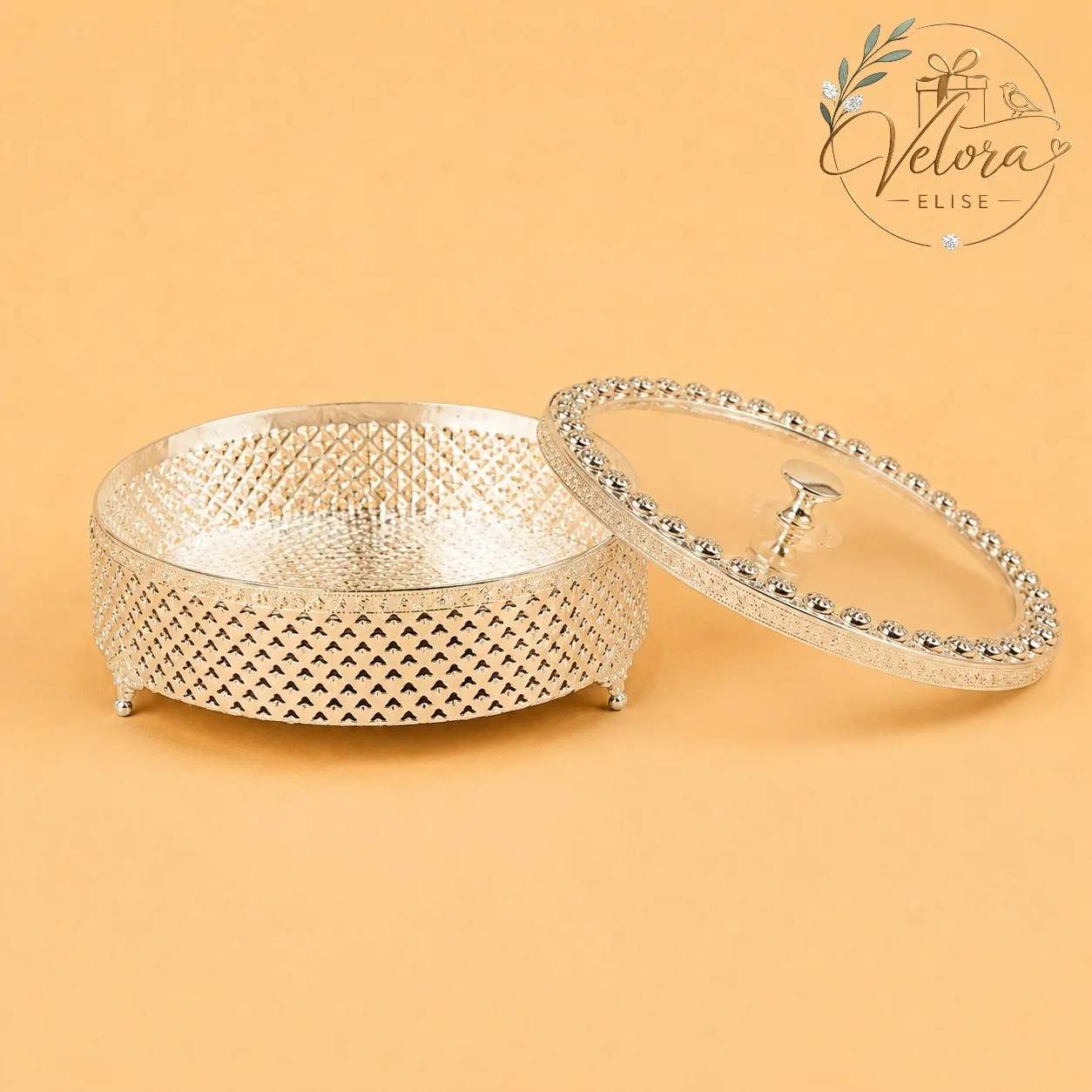 Silver Plated Round Dry Fruit Box with Glass Lid