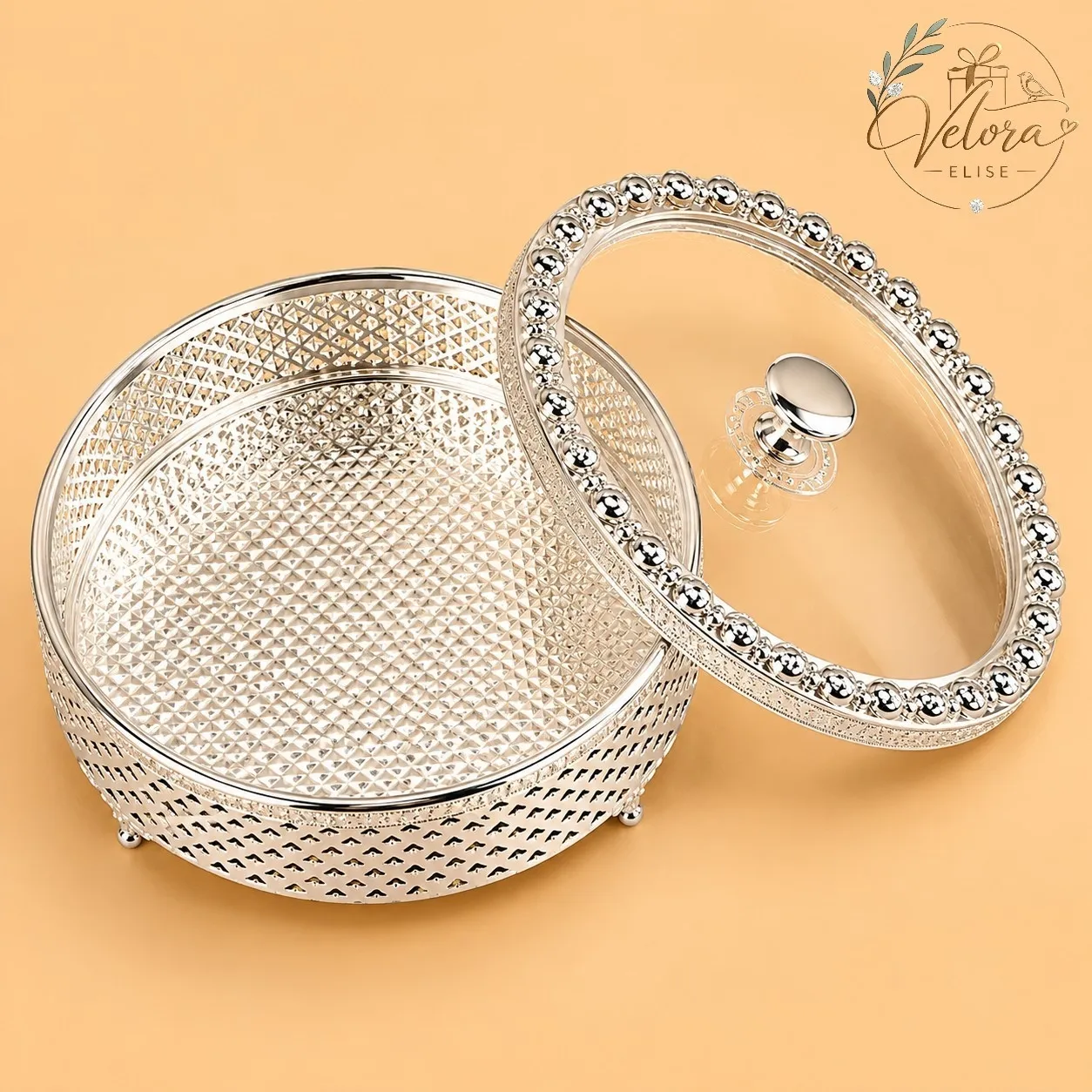 Silver Plated Round Dry Fruit Box with Glass Lid