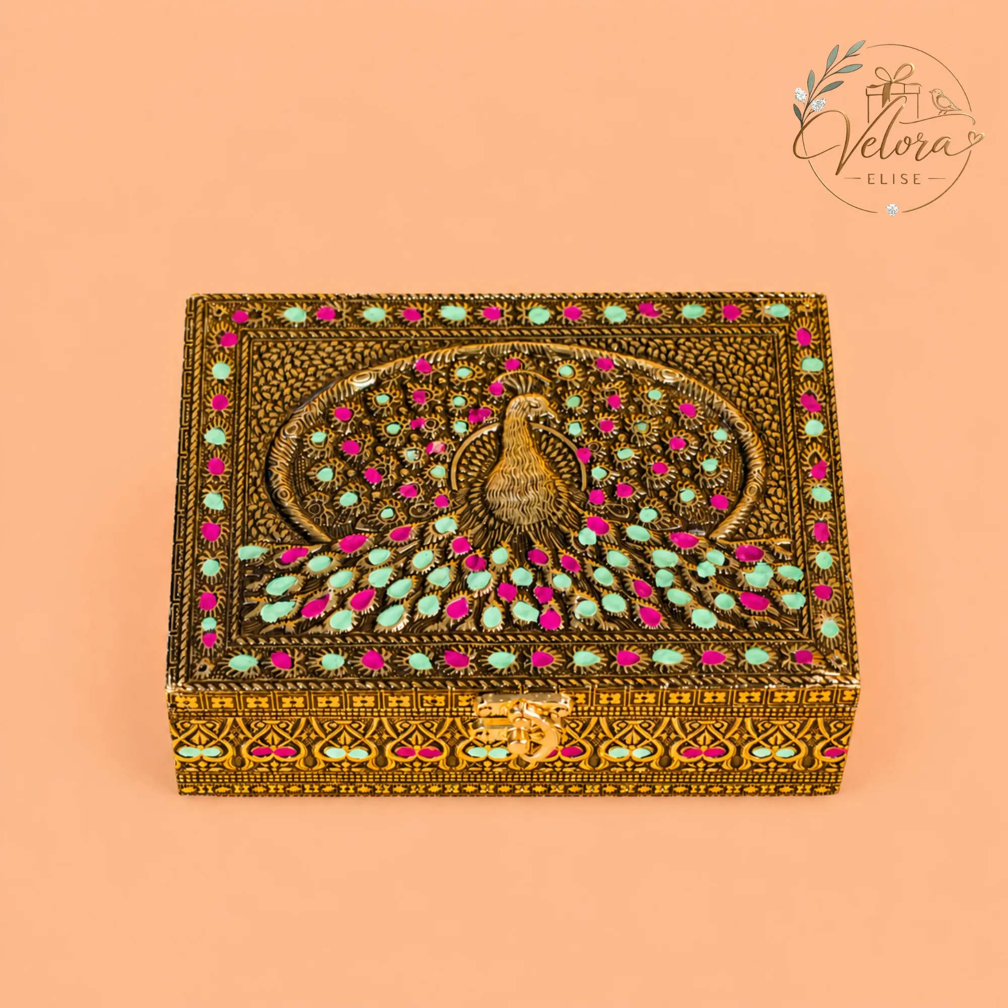 Oxidized Gold Trinket Box with Peacock