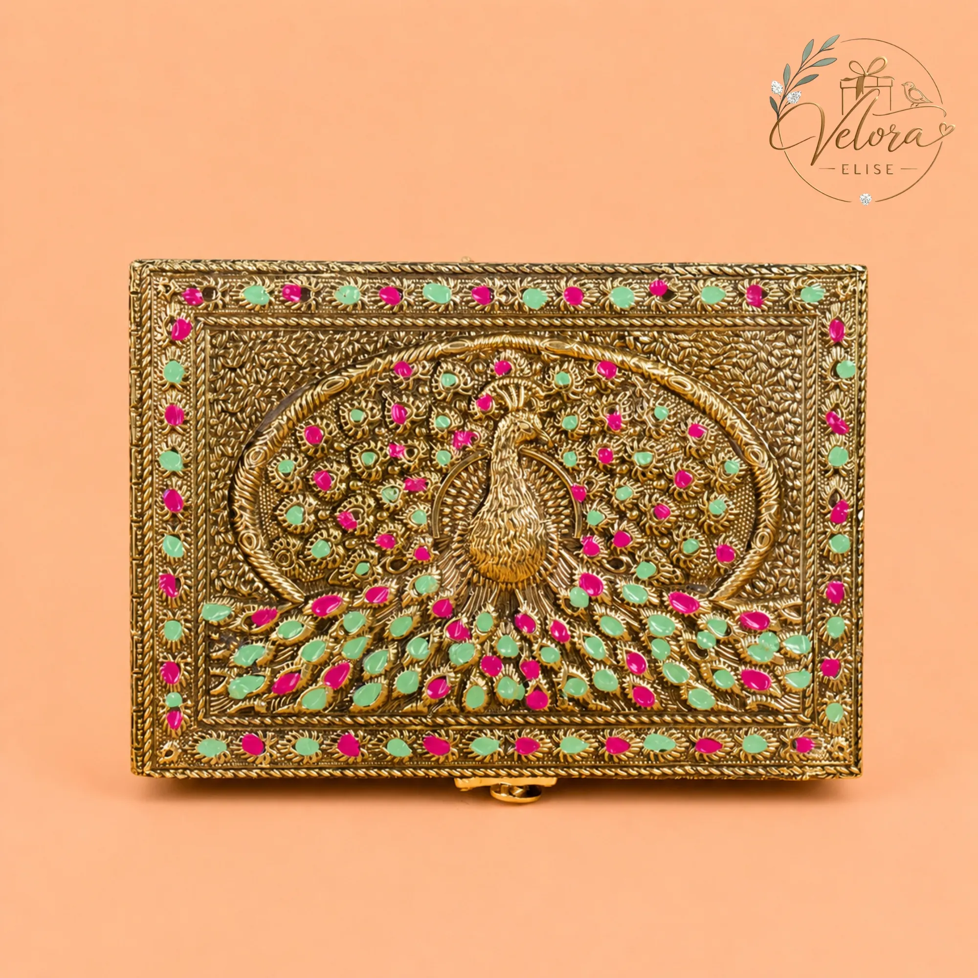 Oxidized Gold Trinket Box with Peacock