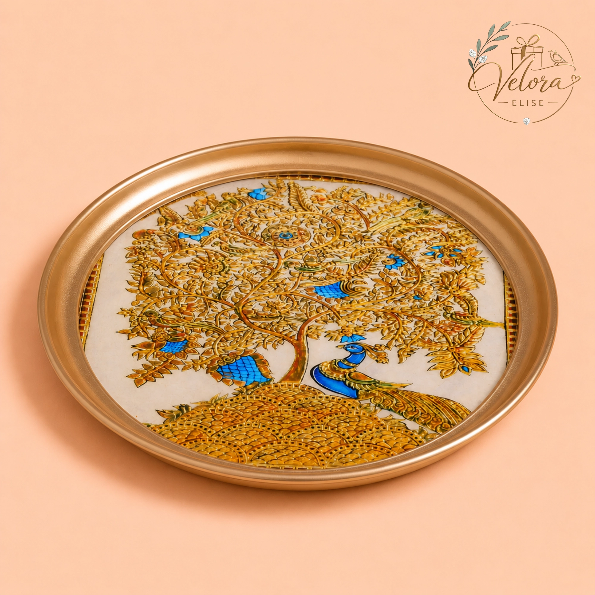 Peacock - Printed Brass Coated Plate With Hook White
