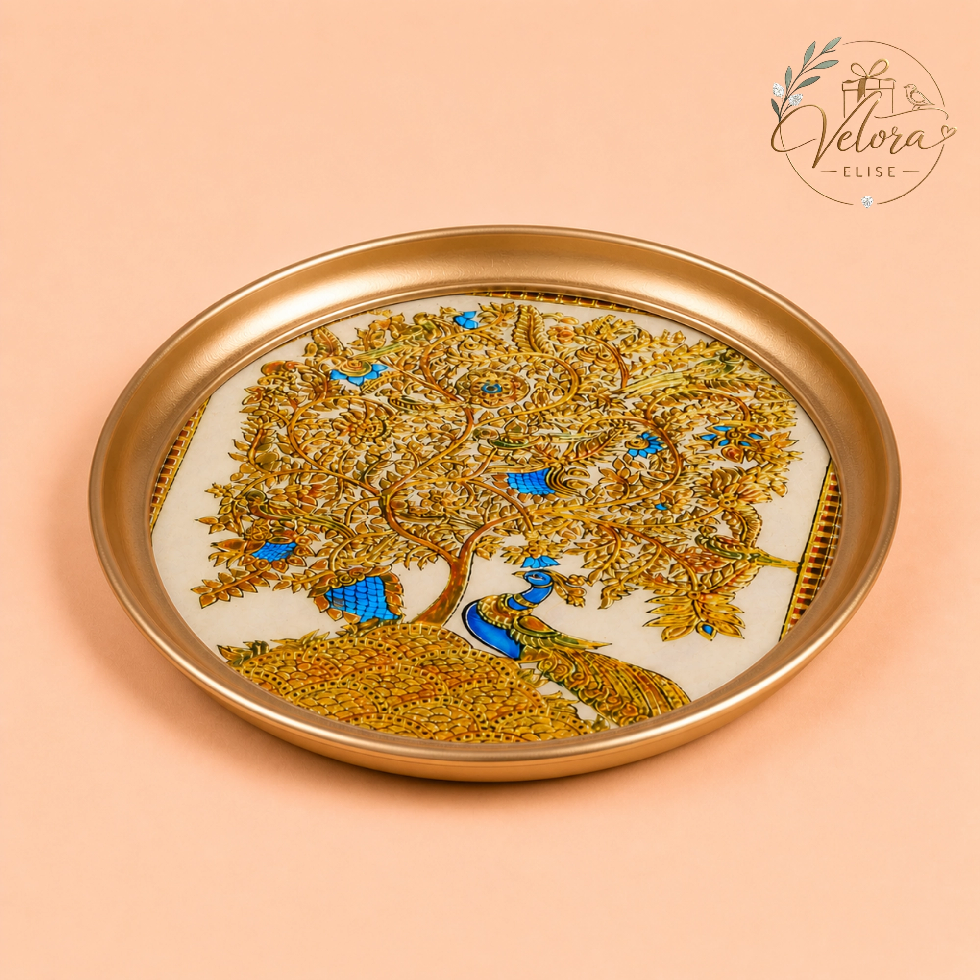 Peacock - Printed Brass Coated Plate With Hook White