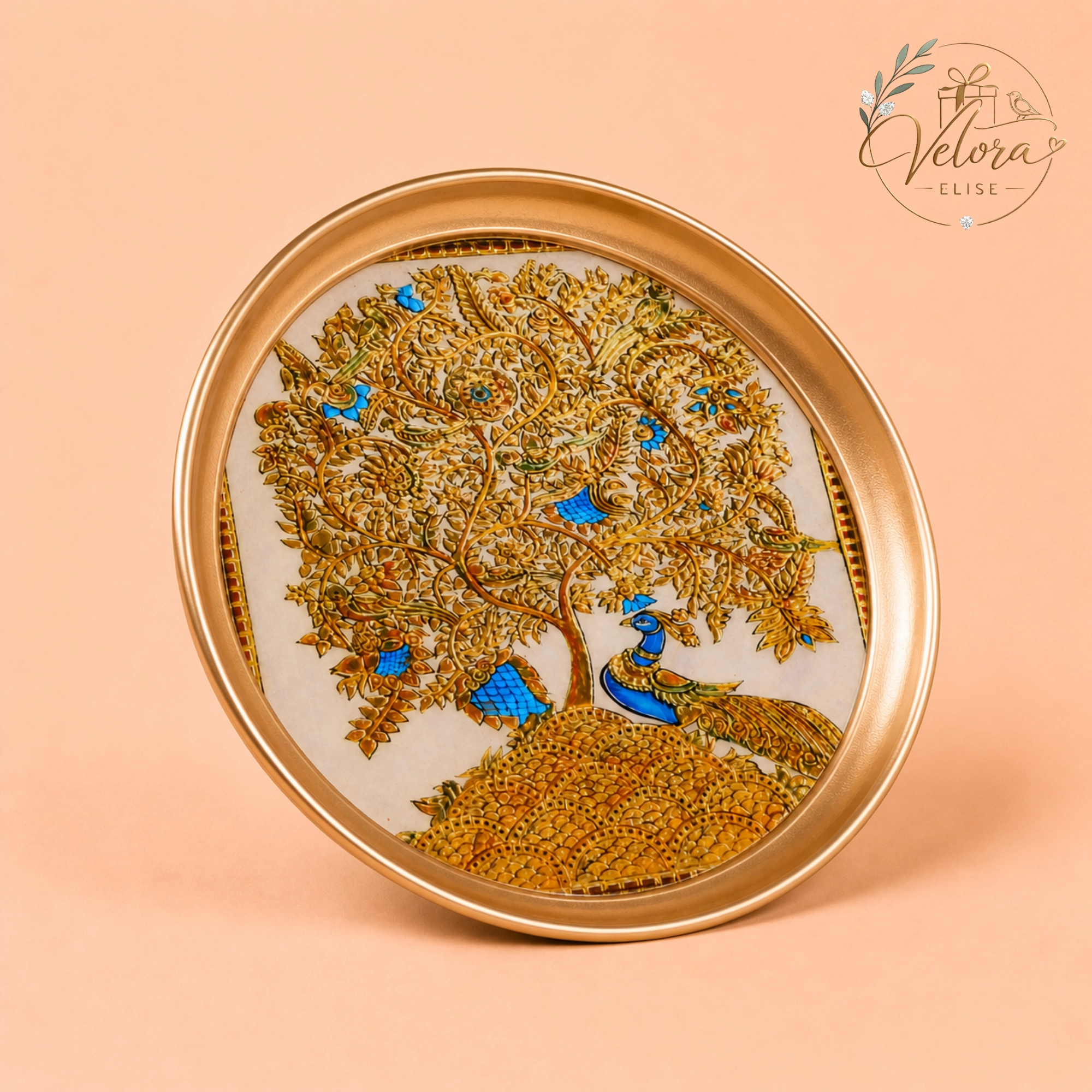 Peacock - Printed Brass Coated Plate With Hook White