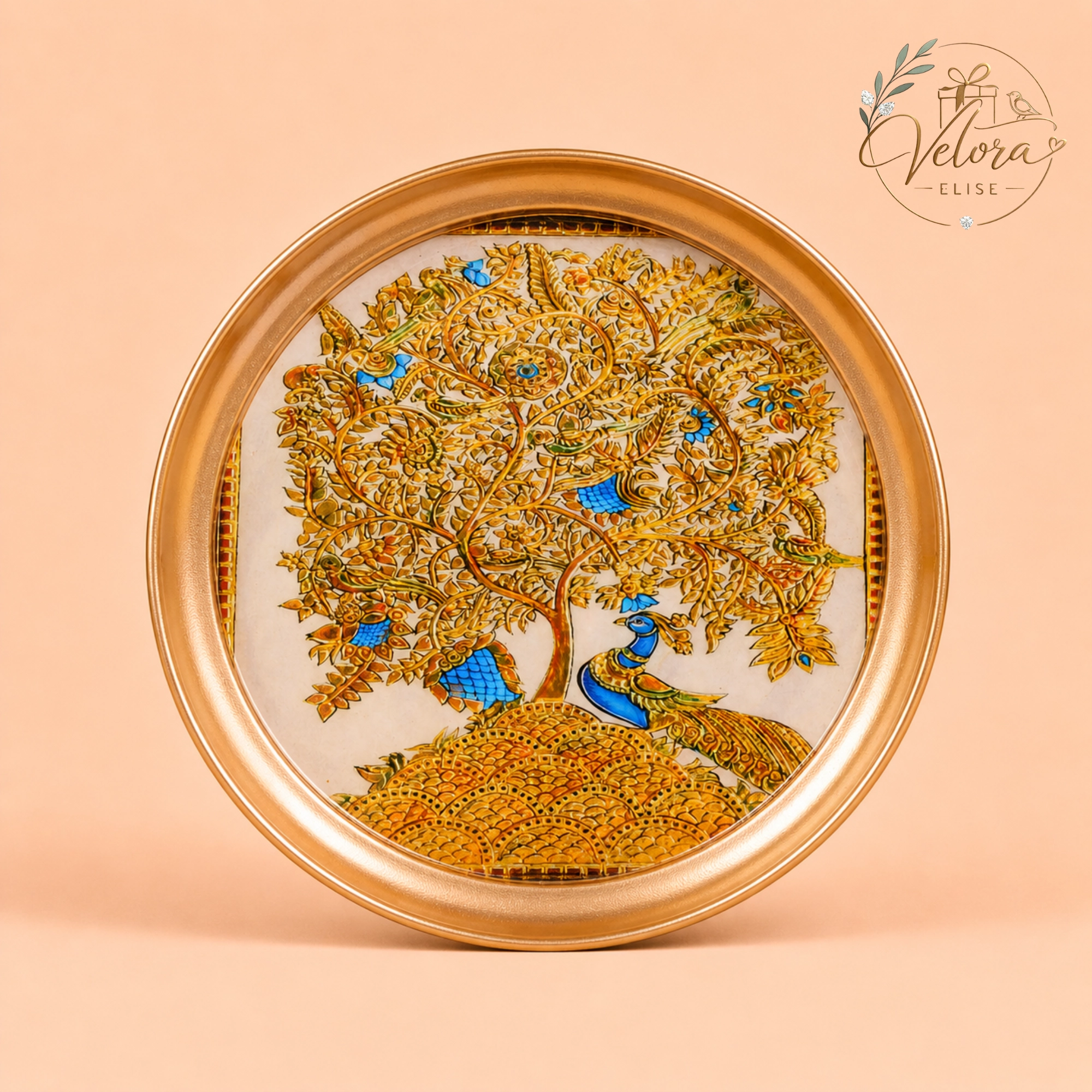 Peacock - Printed Brass Coated Plate With Hook White