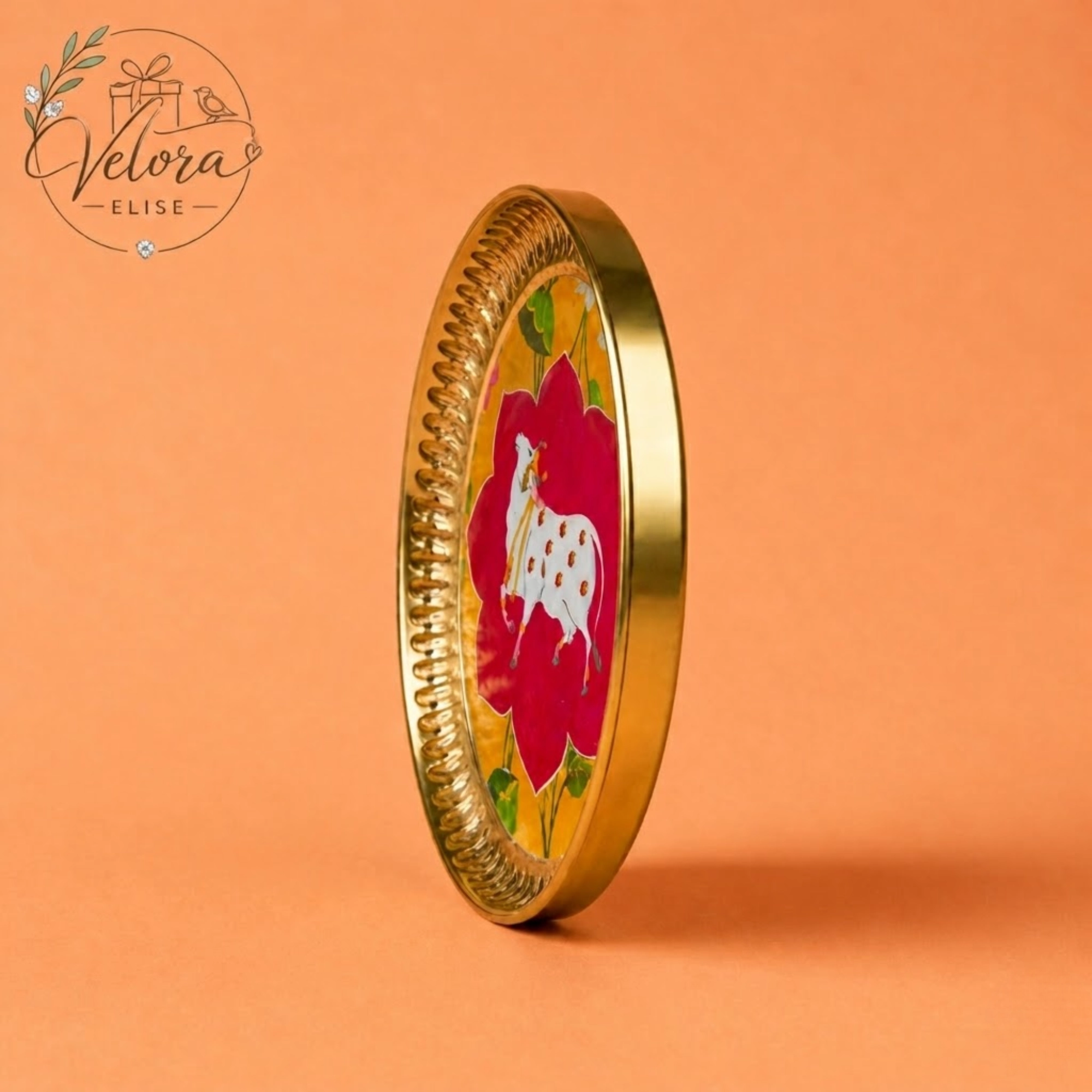 Brass Coated Plate Cow Pichwai - Yellow & Pink