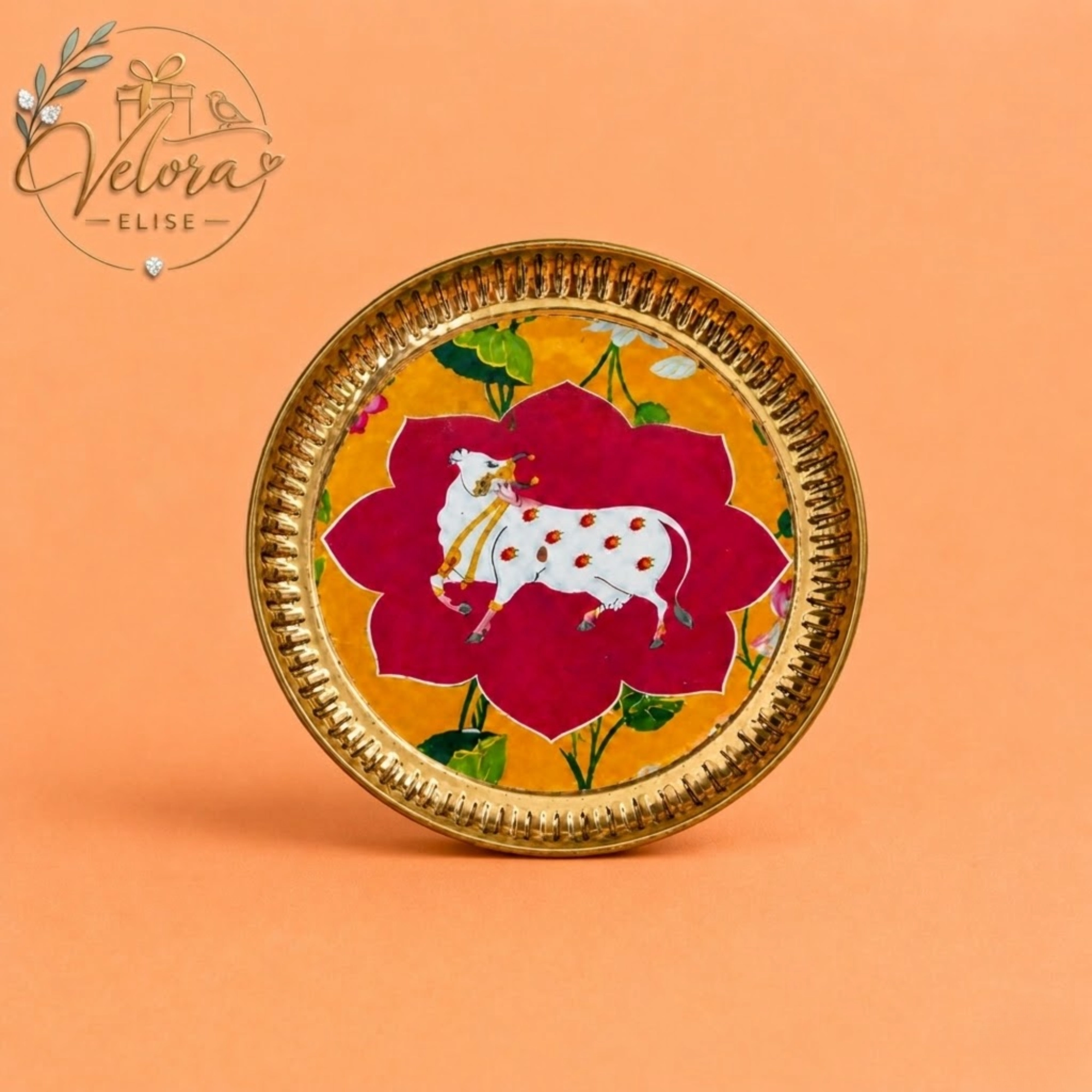 Brass Coated Plate Cow Pichwai - Yellow & Pink