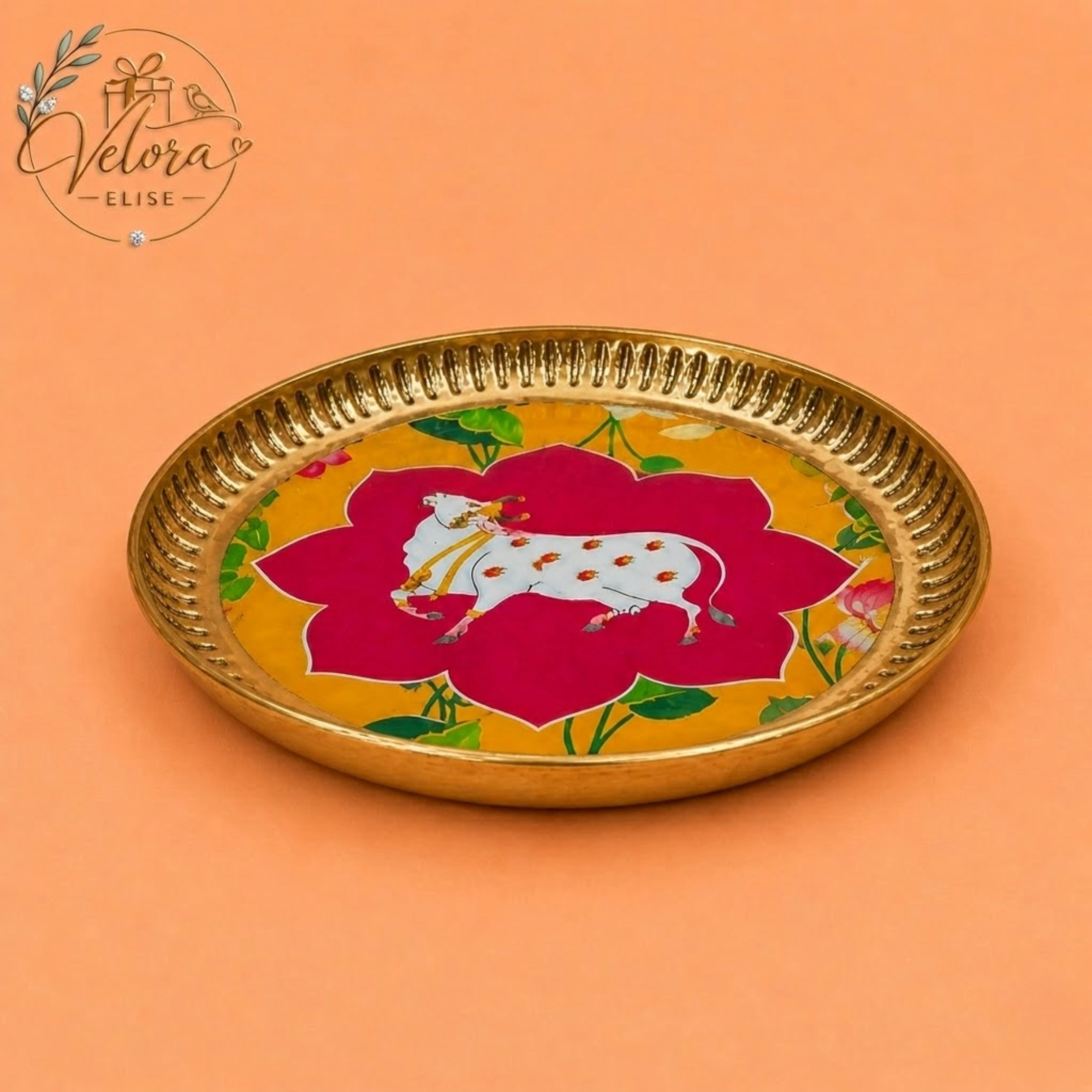 Brass Coated Plate Cow Pichwai - Yellow & Pink