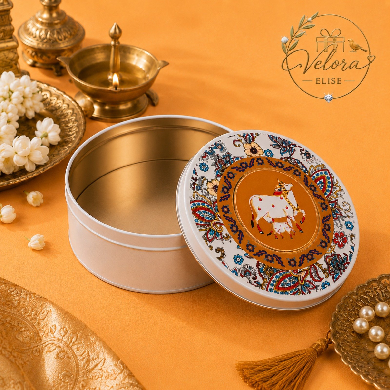 Pichwai Cow & Calf Digital Printed Metal Storage Box