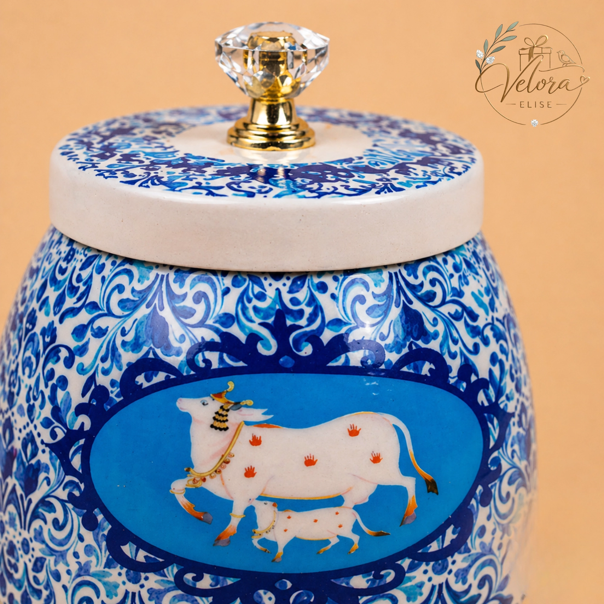 Pichwai Cow Printed Blue Dry Fruits Jar