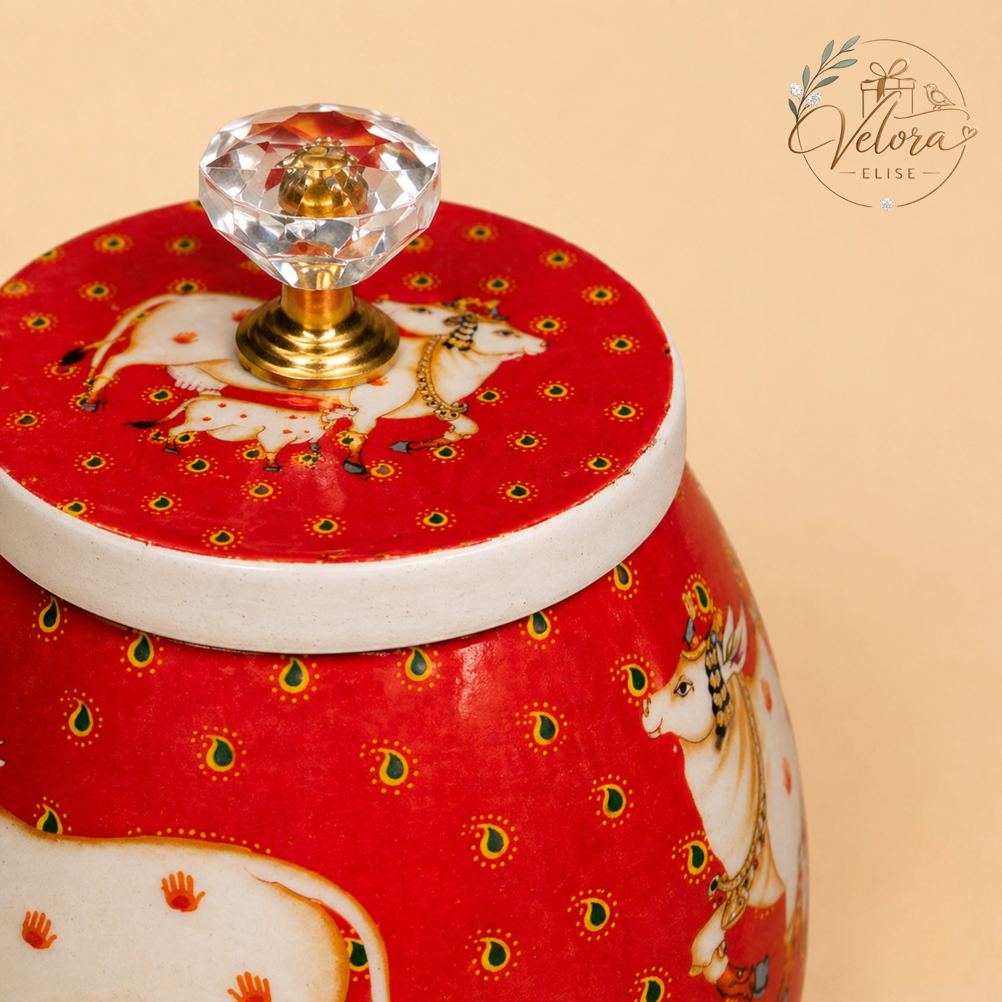 Pichwai Cow Printed Red Jar