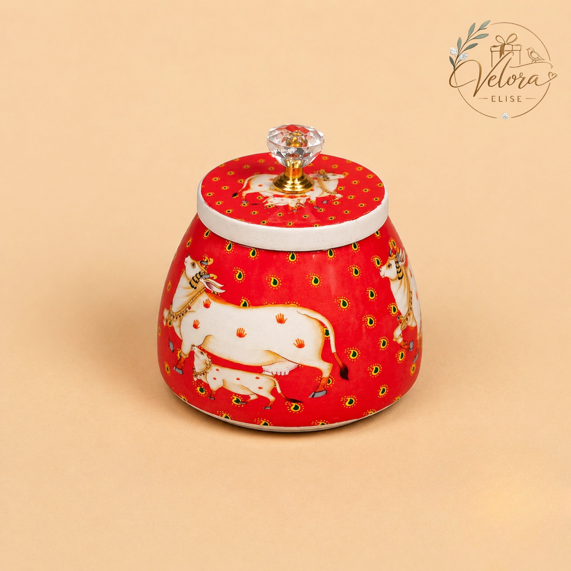 Pichwai Cow Printed Red Jar