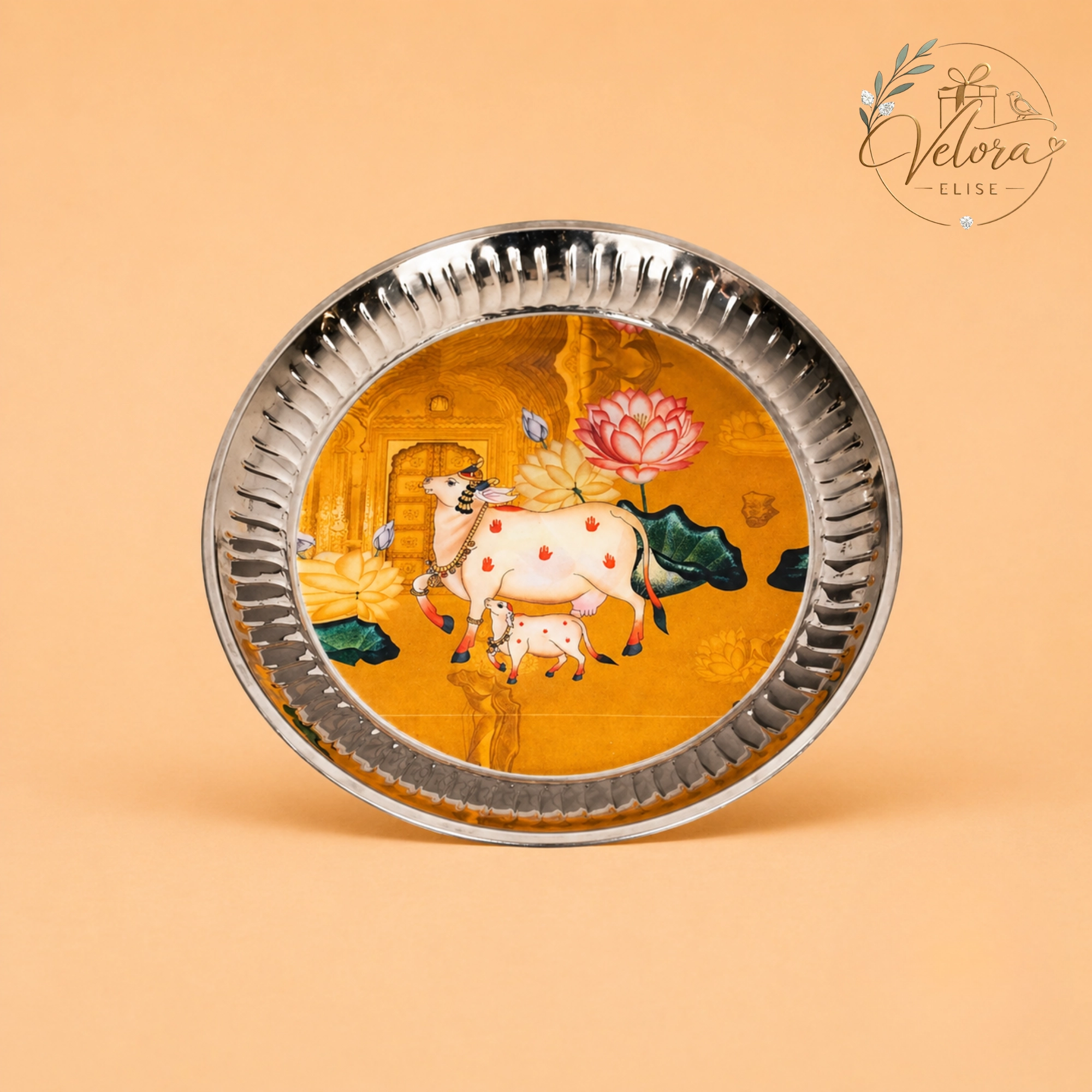 Artistic Pichwai Cow & Calf Printed Stainless Steel Plate