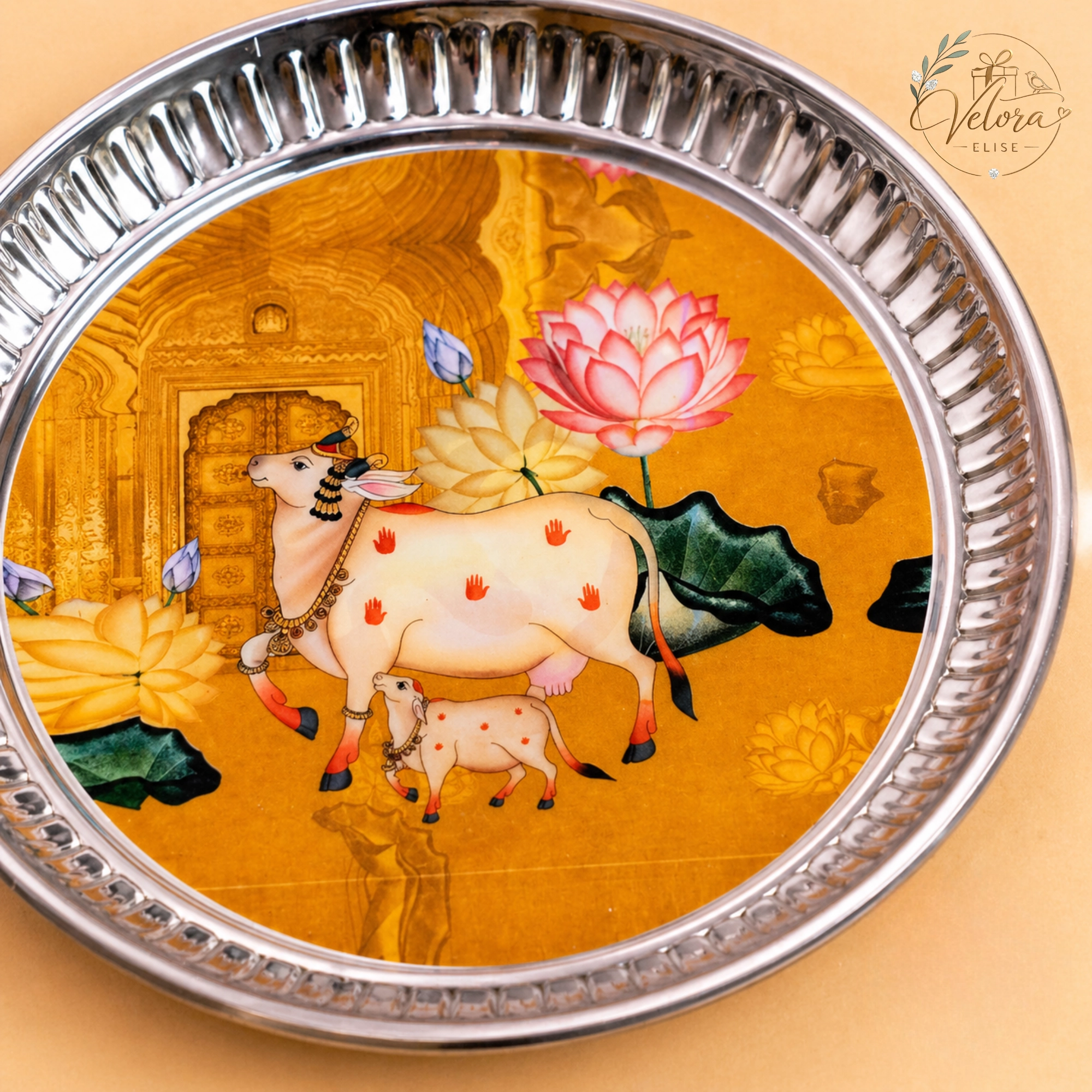 Artistic Pichwai Cow & Calf Printed Stainless Steel Plate