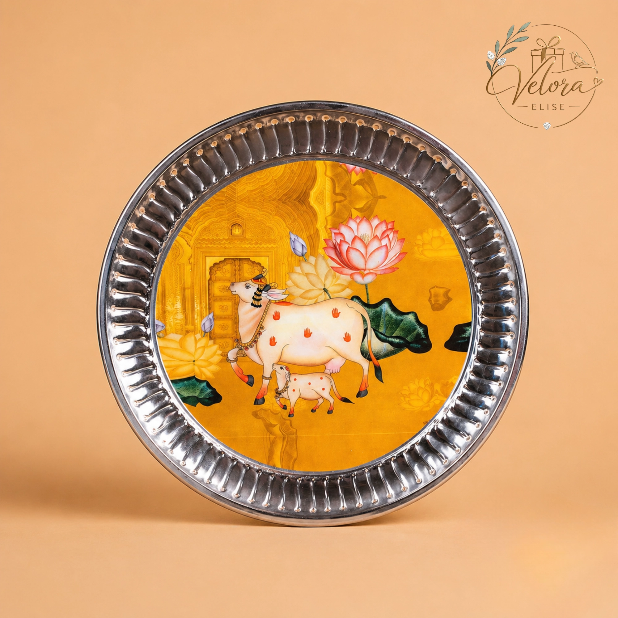 Artistic Pichwai Cow & Calf Printed Stainless Steel Plate