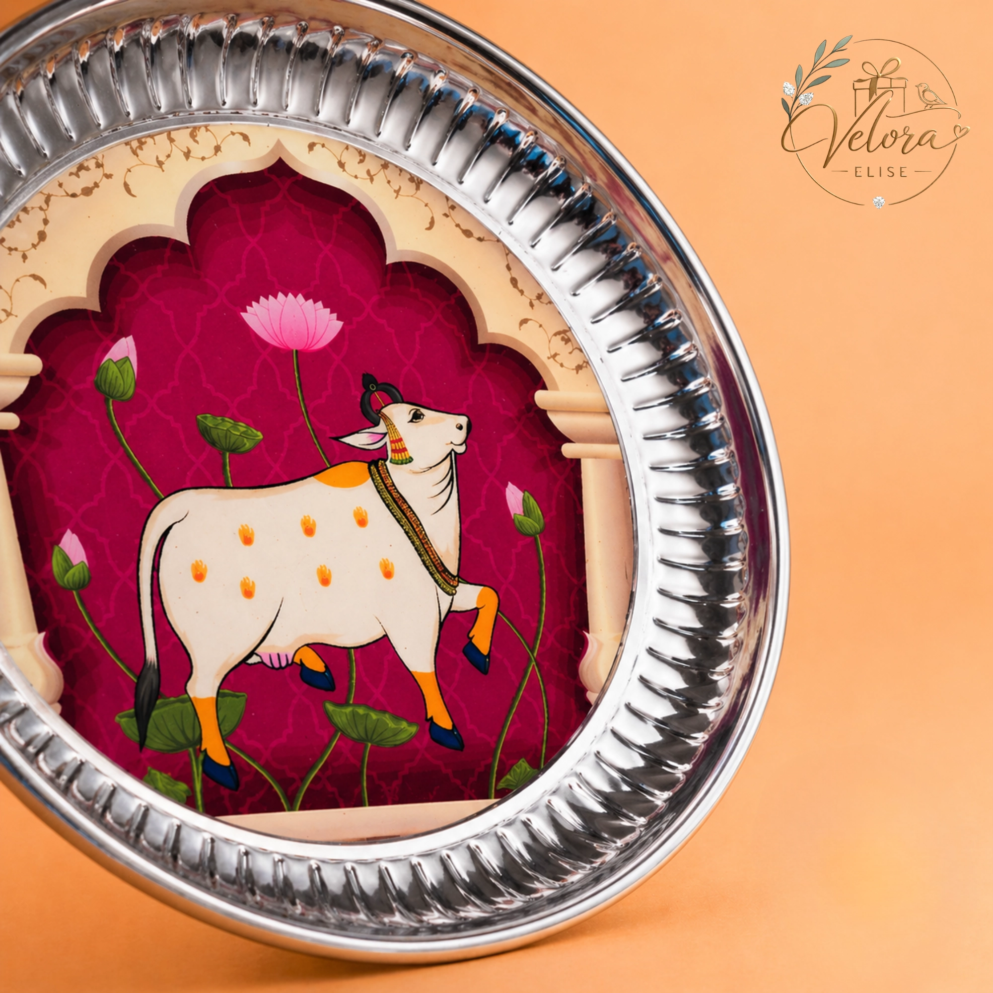 Elegant Pichwai Cow Printed Purple Stainless Steel Plate