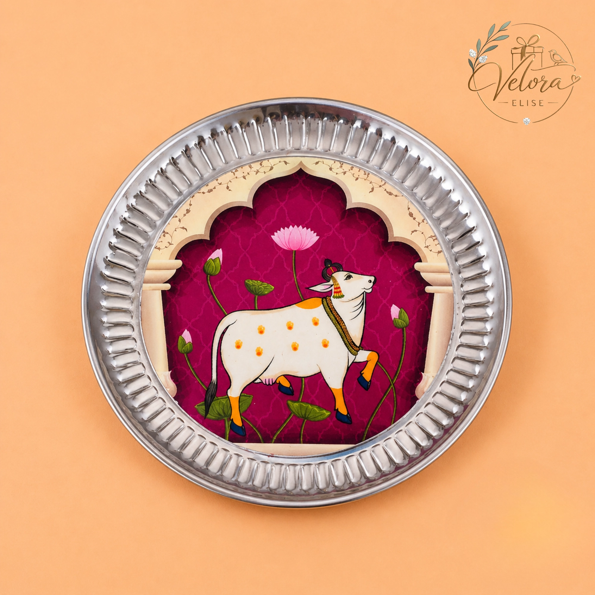 Elegant Pichwai Cow Printed Purple Stainless Steel Plate