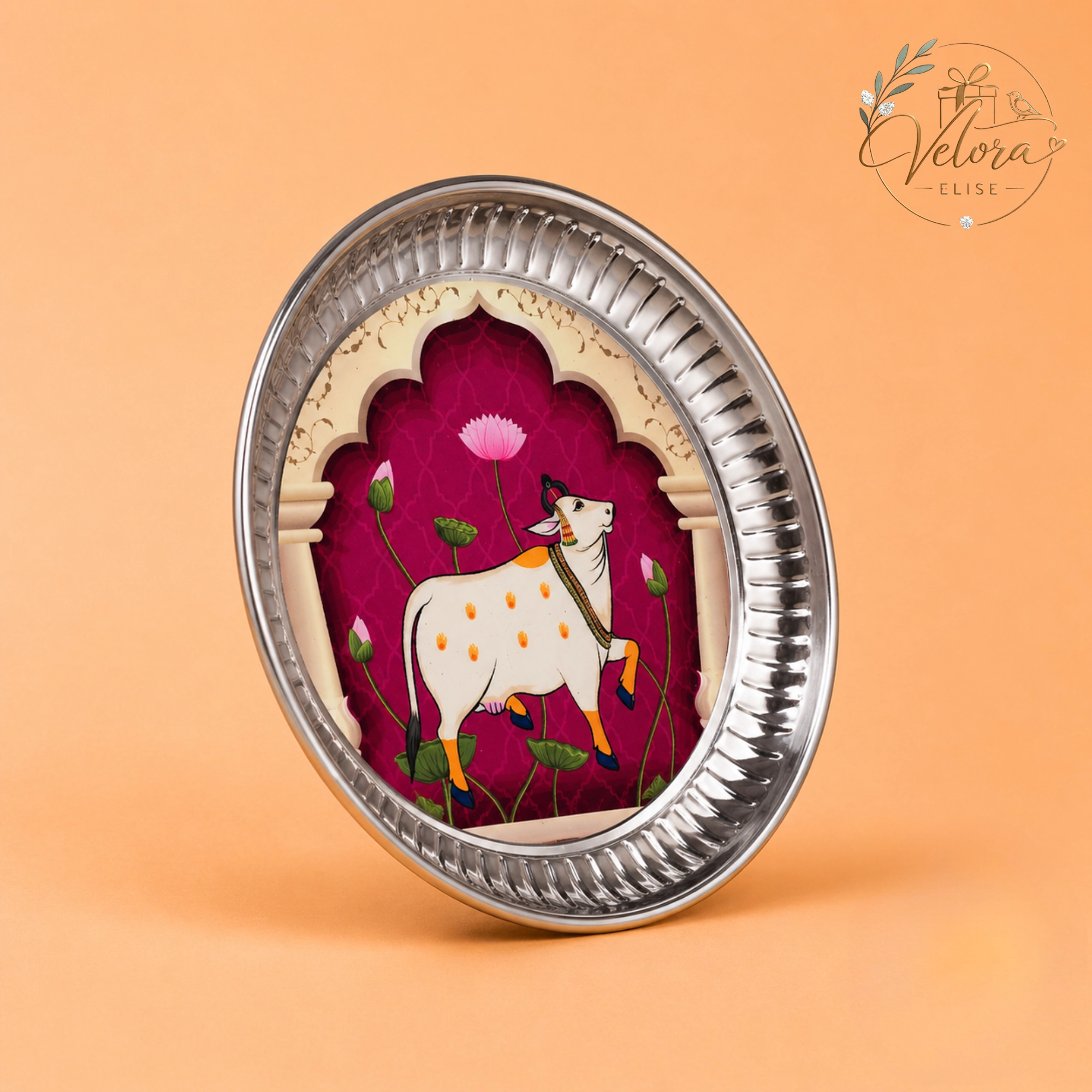 Elegant Pichwai Cow Printed Purple Stainless Steel Plate