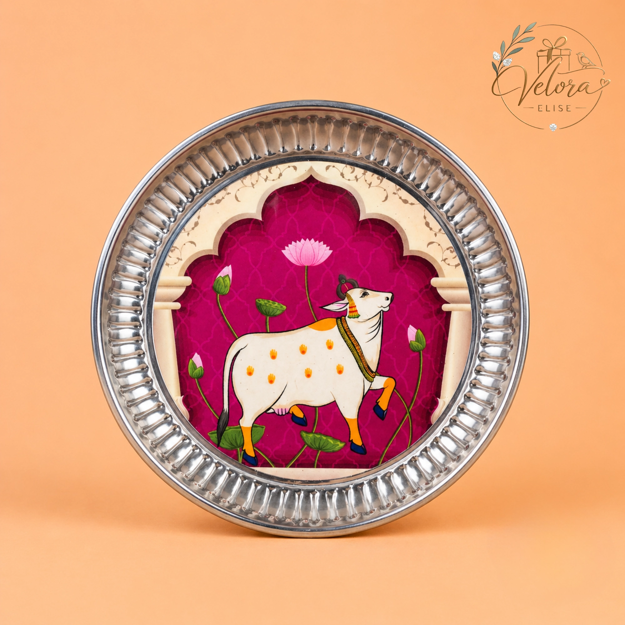 Elegant Pichwai Cow Printed Purple Stainless Steel Plate