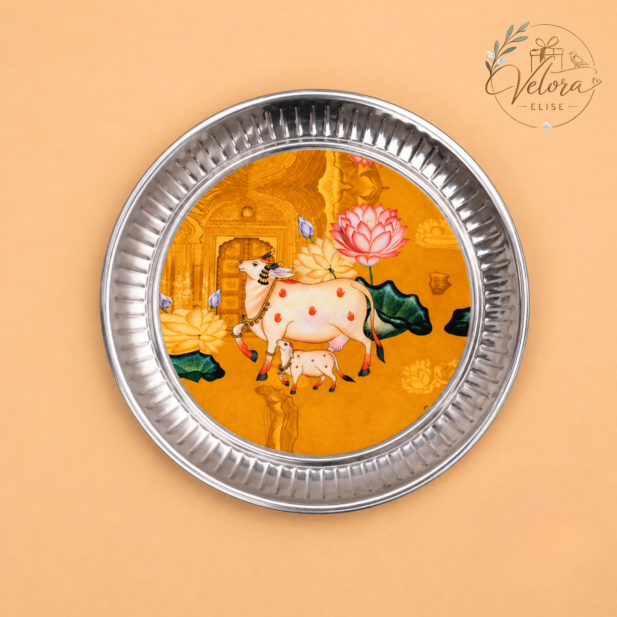 Artistic Pichwai Cow & Calf Printed Stainless Steel Plate