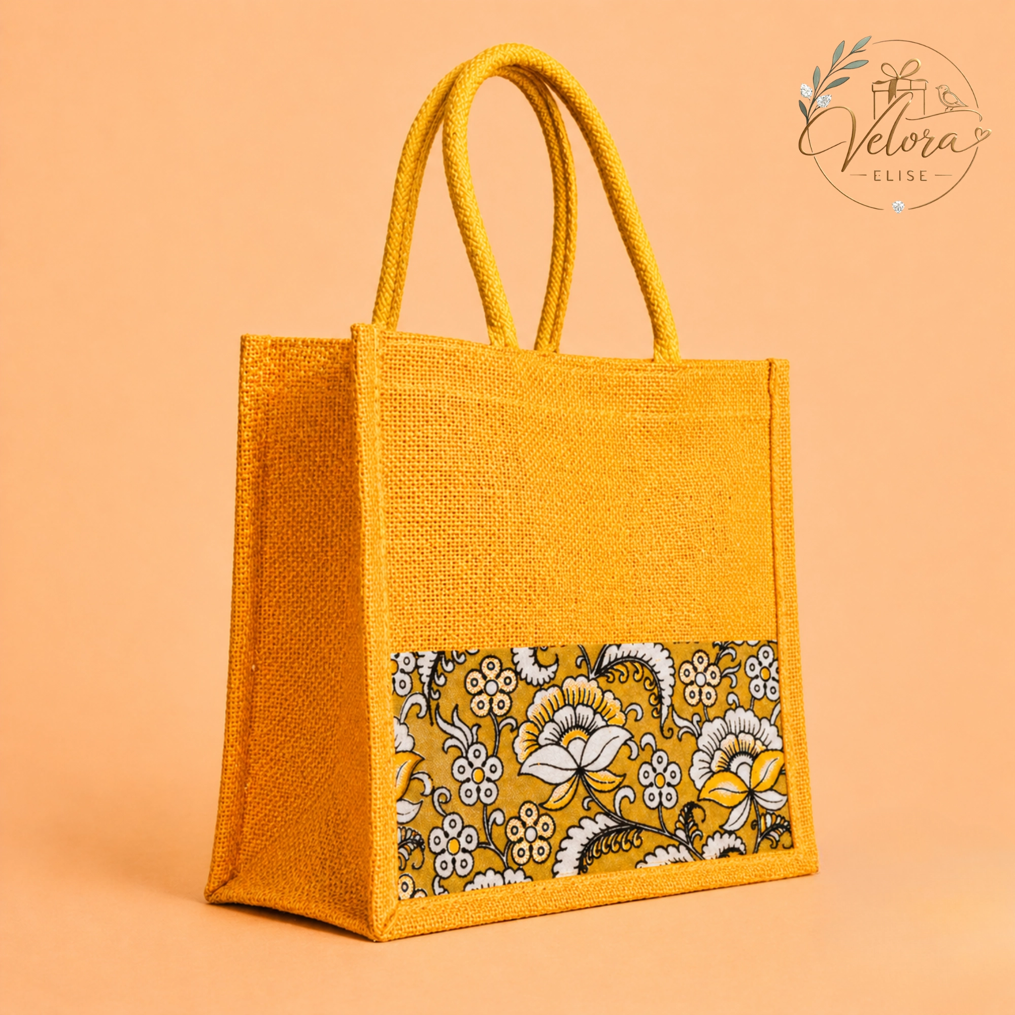 Pretty Yellow Half & Half Kalamkari Jute Bag with Rope Handle