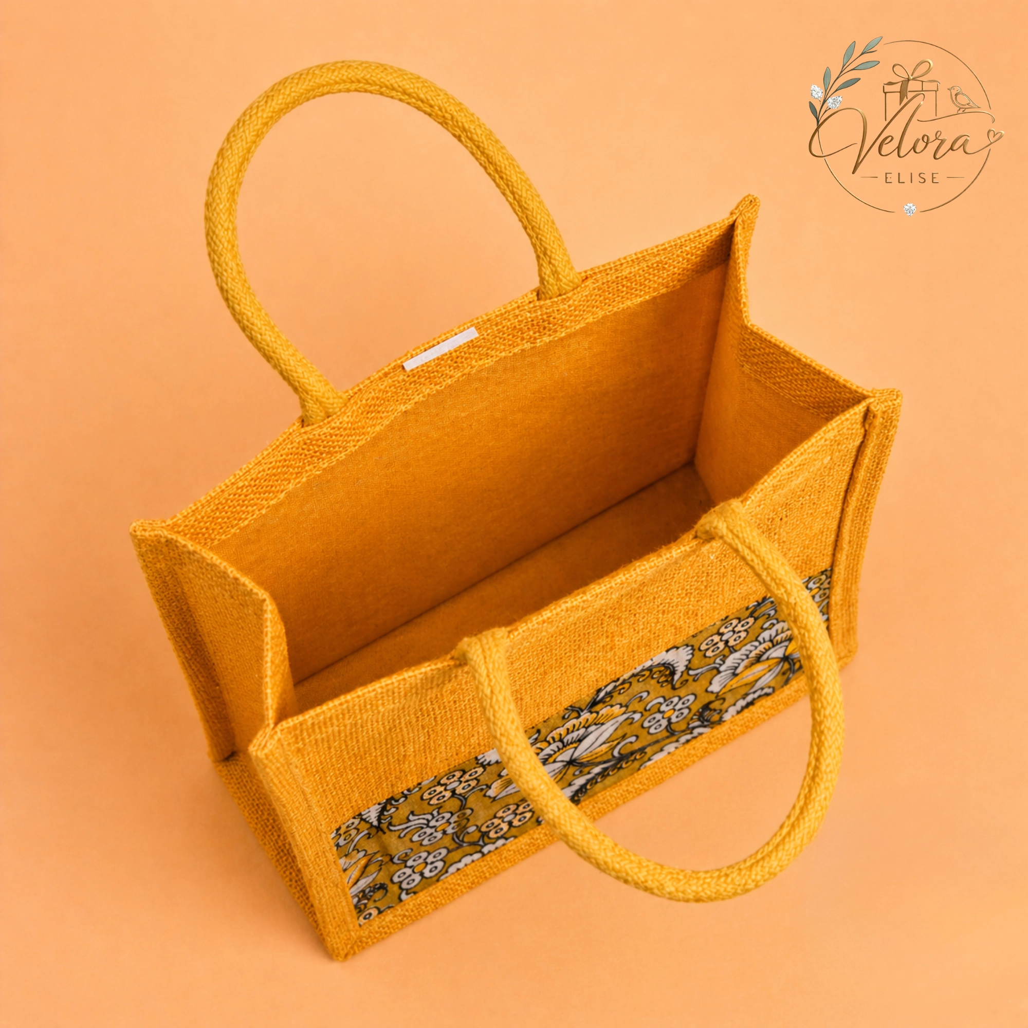Pretty Yellow Half & Half Kalamkari Jute Bag with Rope Handle
