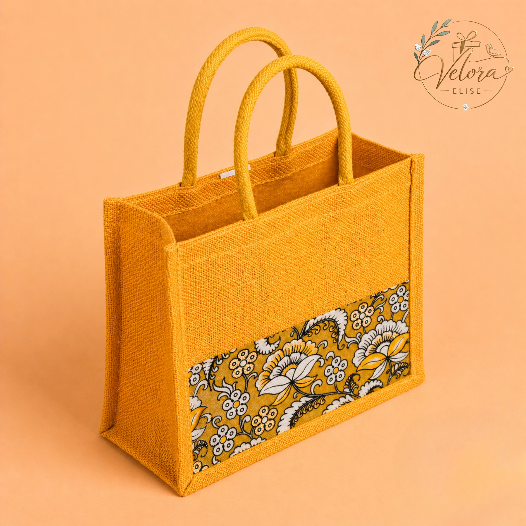 Pretty Yellow Half & Half Kalamkari Jute Bag with Rope Handle