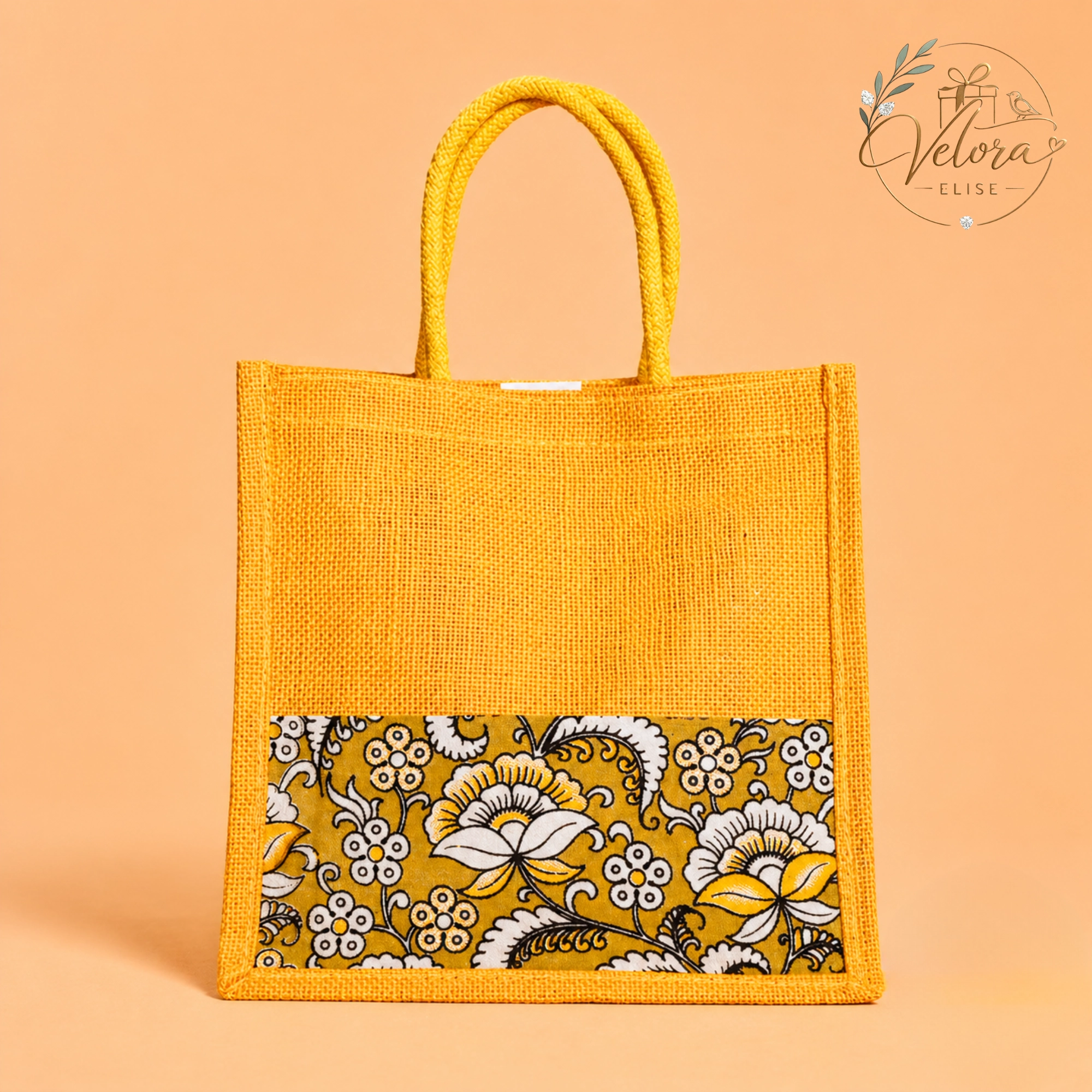 Pretty Yellow Half & Half Kalamkari Jute Bag with Rope Handle