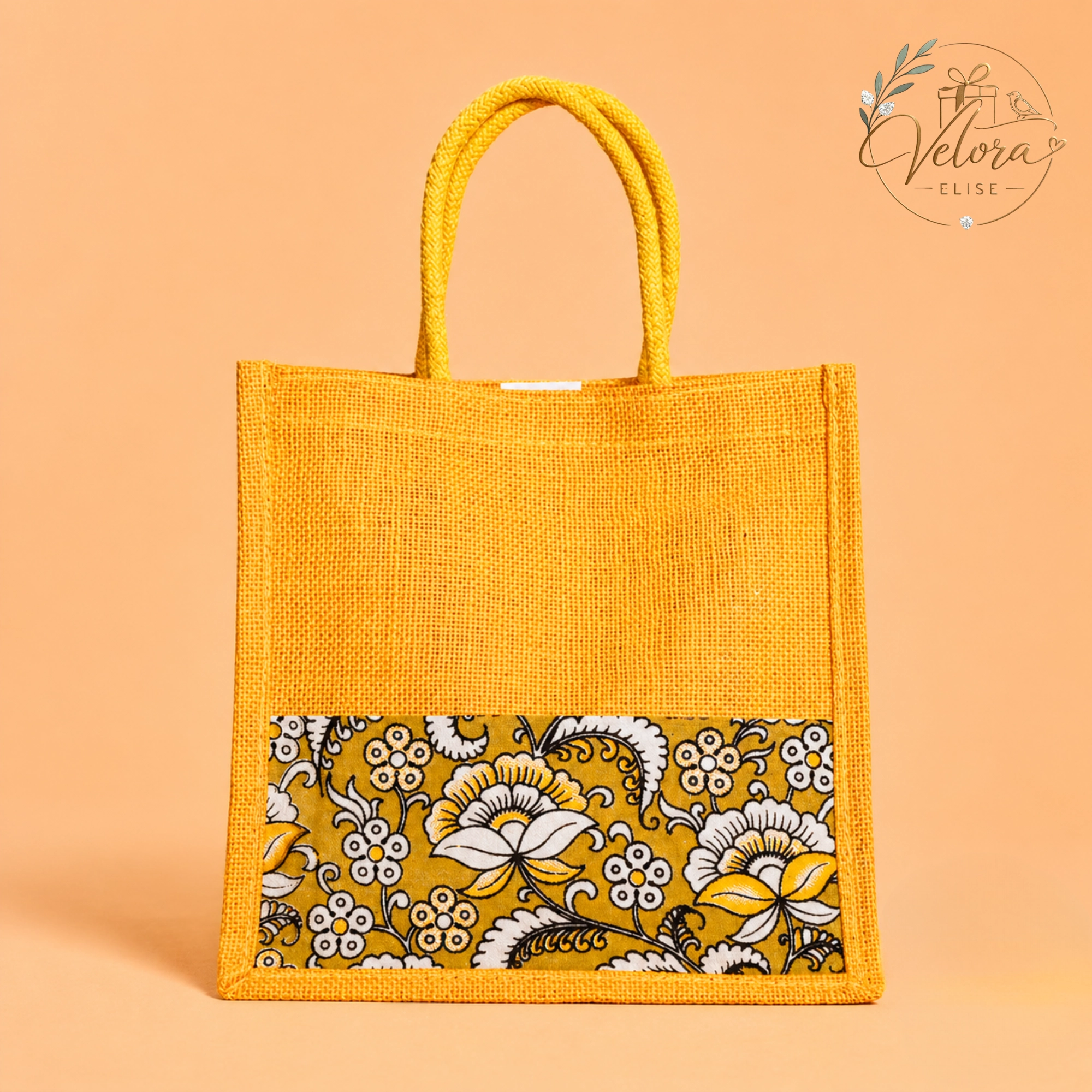Pretty Yellow Half & Half Kalamkari Jute Bag with Rope Handle