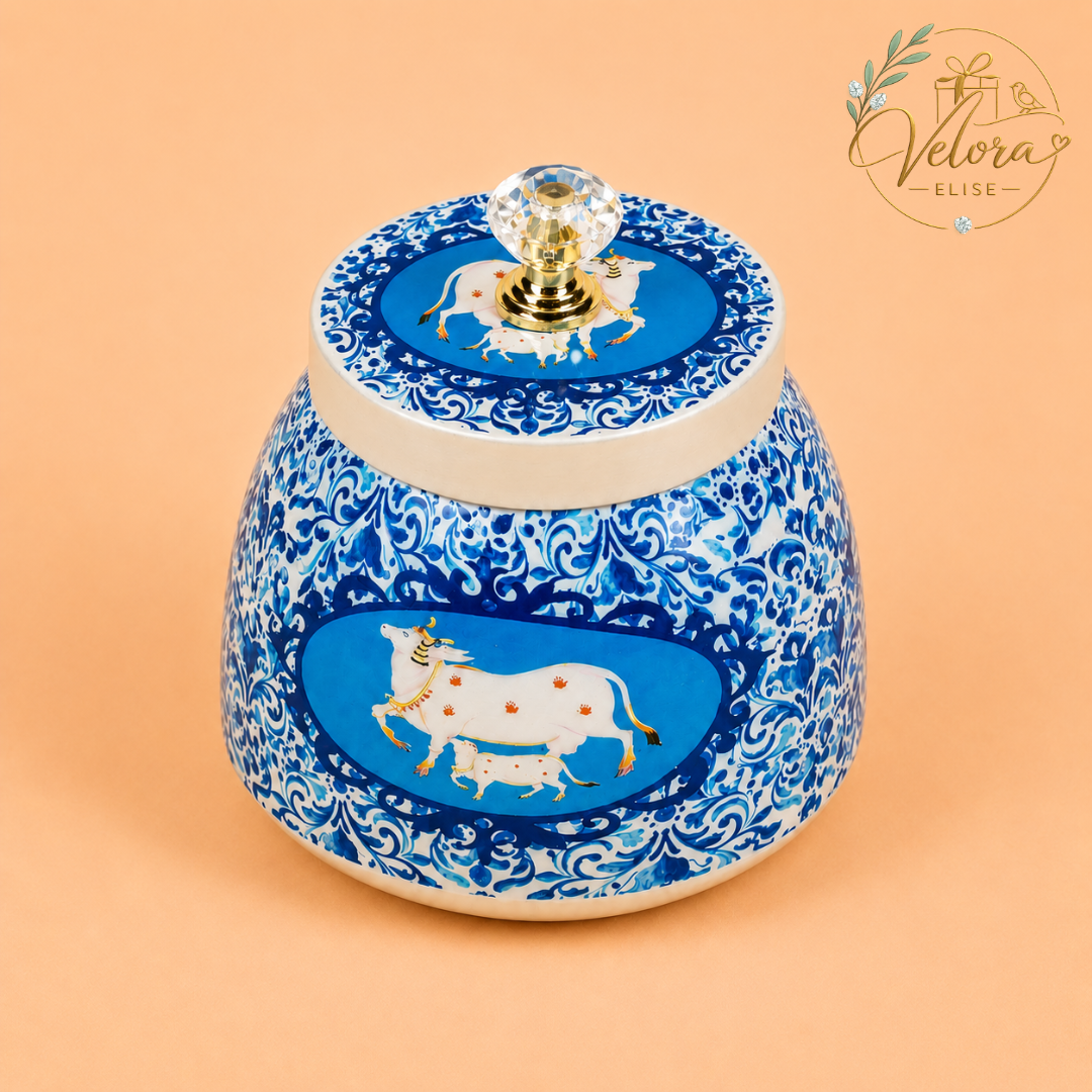 Pichwai Cow Printed Blue Jar