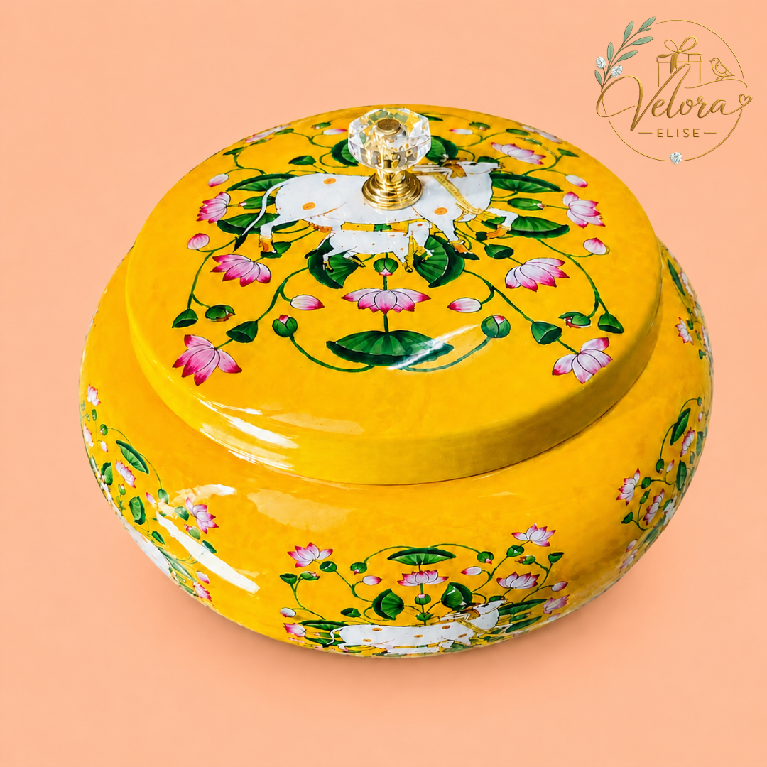 Cow & Calf Lotus Printed Yellow Round Jar