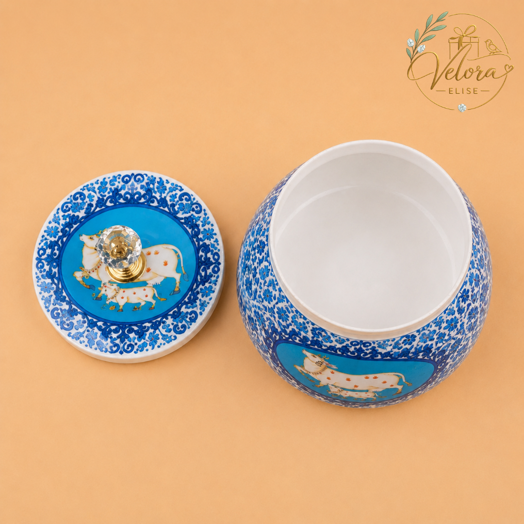 Pichwai Cow Printed Blue Jar