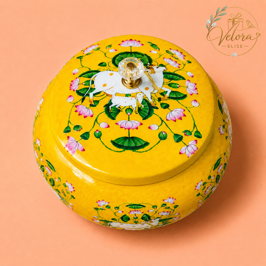 Cow & Calf Lotus Printed Yellow Round Jar