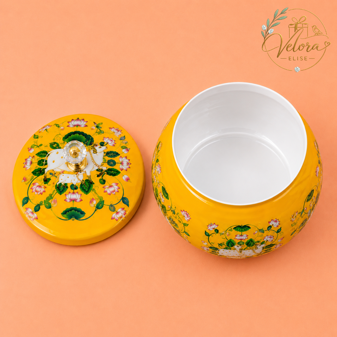 Cow & Calf Lotus Printed Yellow Round Jar