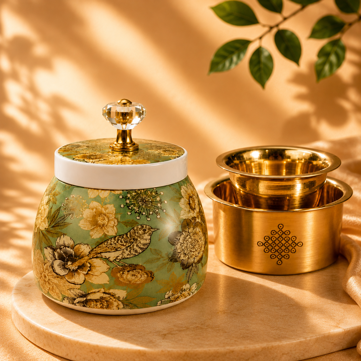 Velora Élise gold lid ceramic jar with floral design