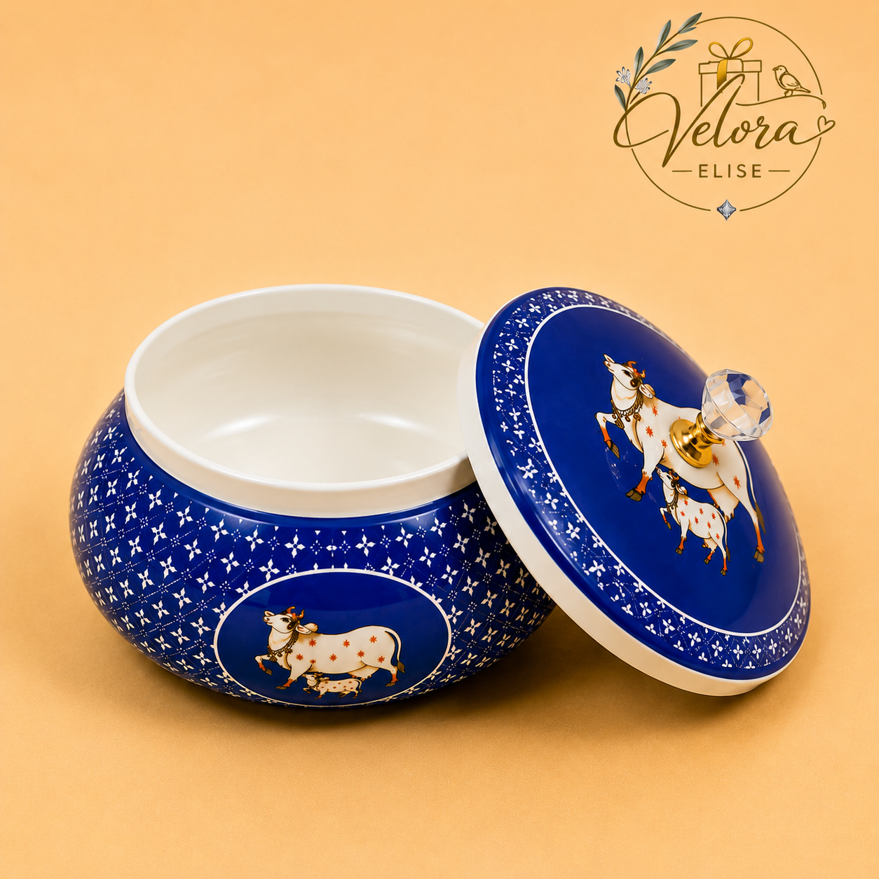 Cow & Calf Printed Blue Round Jar
