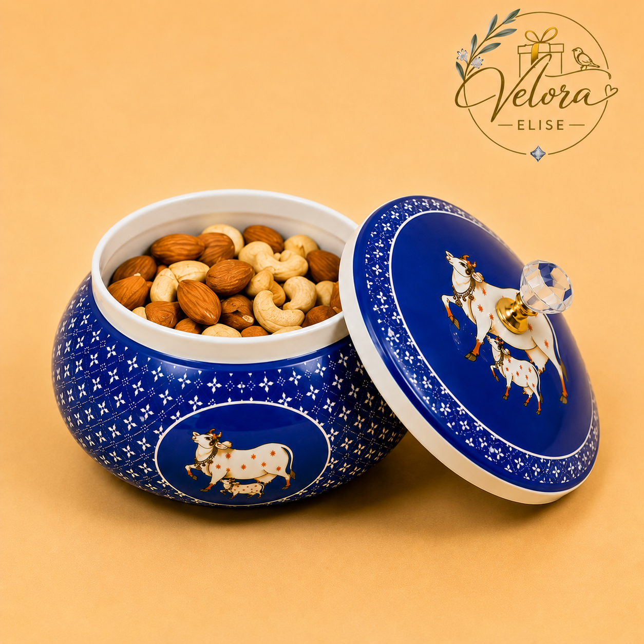 Cow & Calf Printed Blue Round Jar