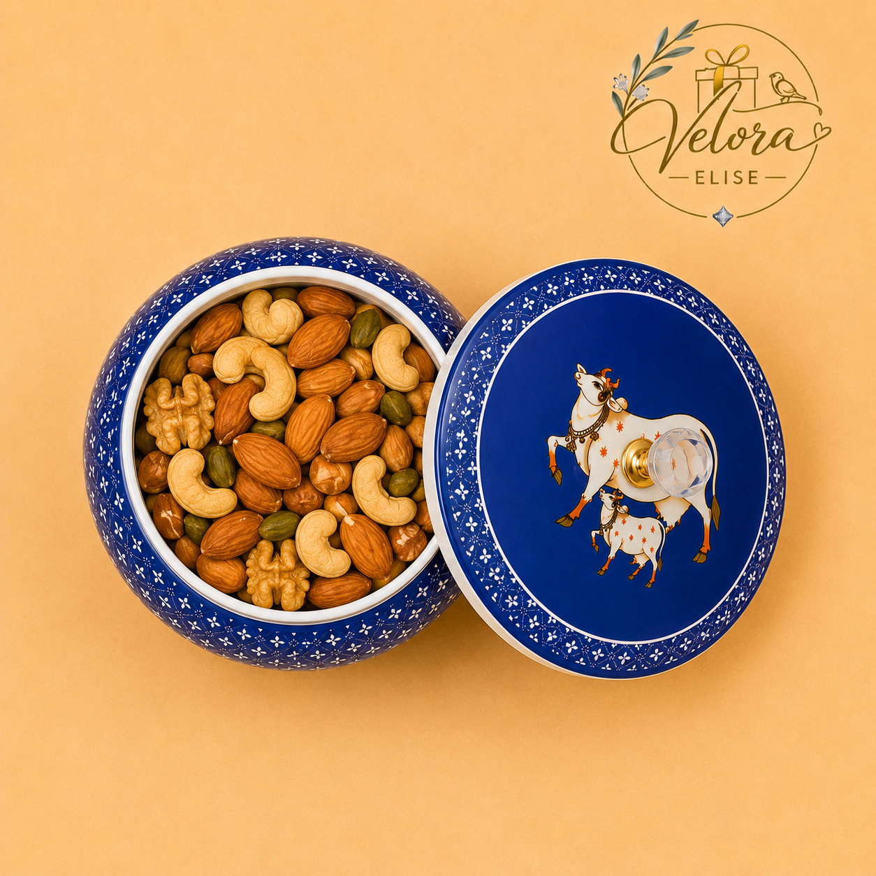 Cow & Calf Printed Blue Round Jar