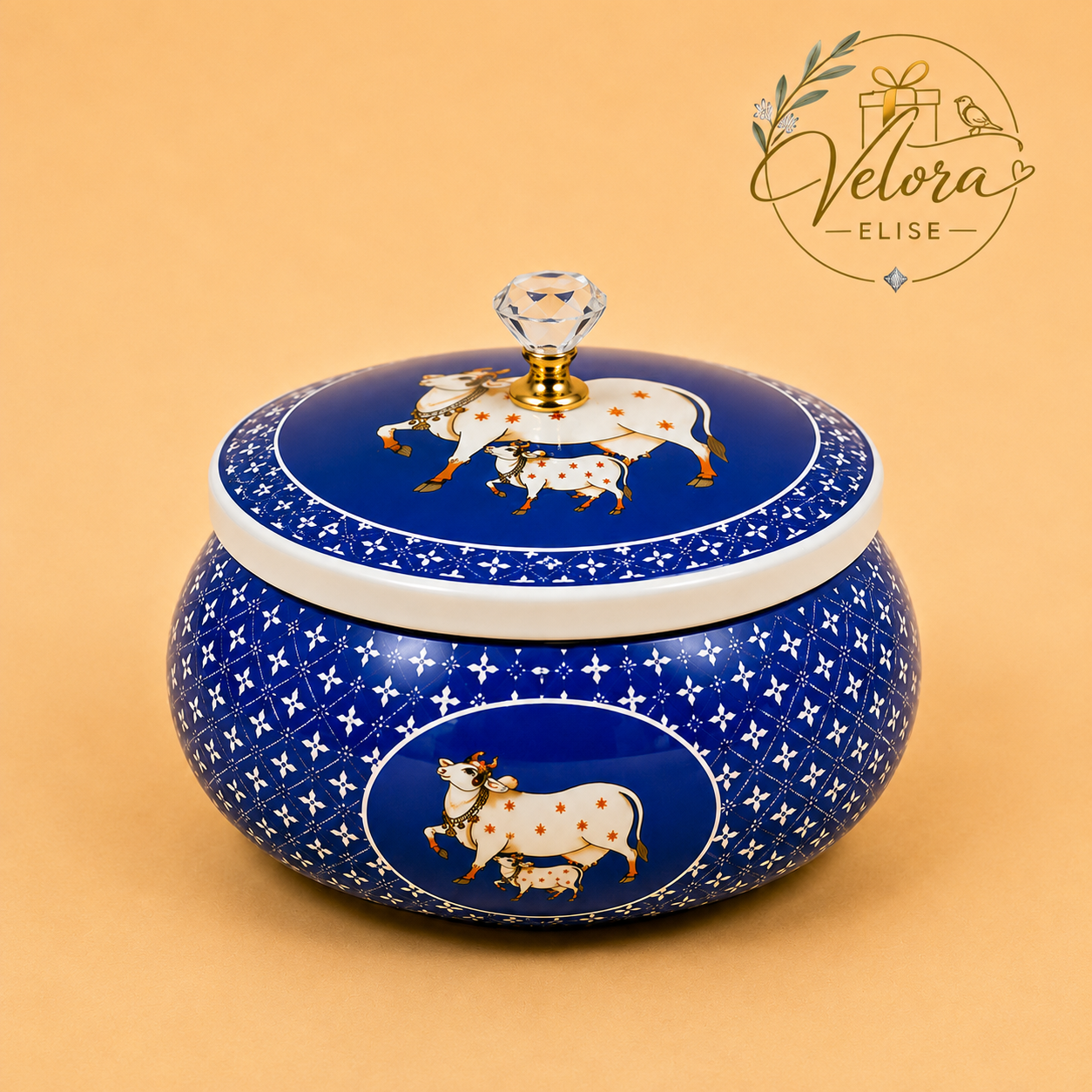 Cow & Calf Printed Blue Round Jar