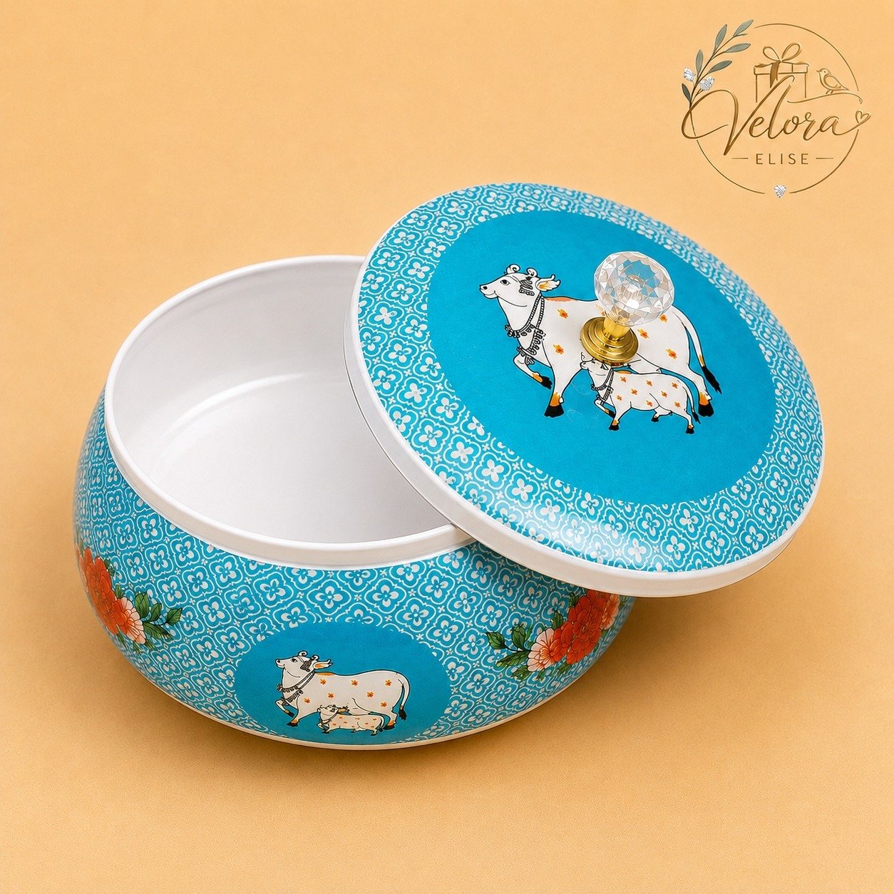 Cow & Calf Printed Sky Blue Round Jar
